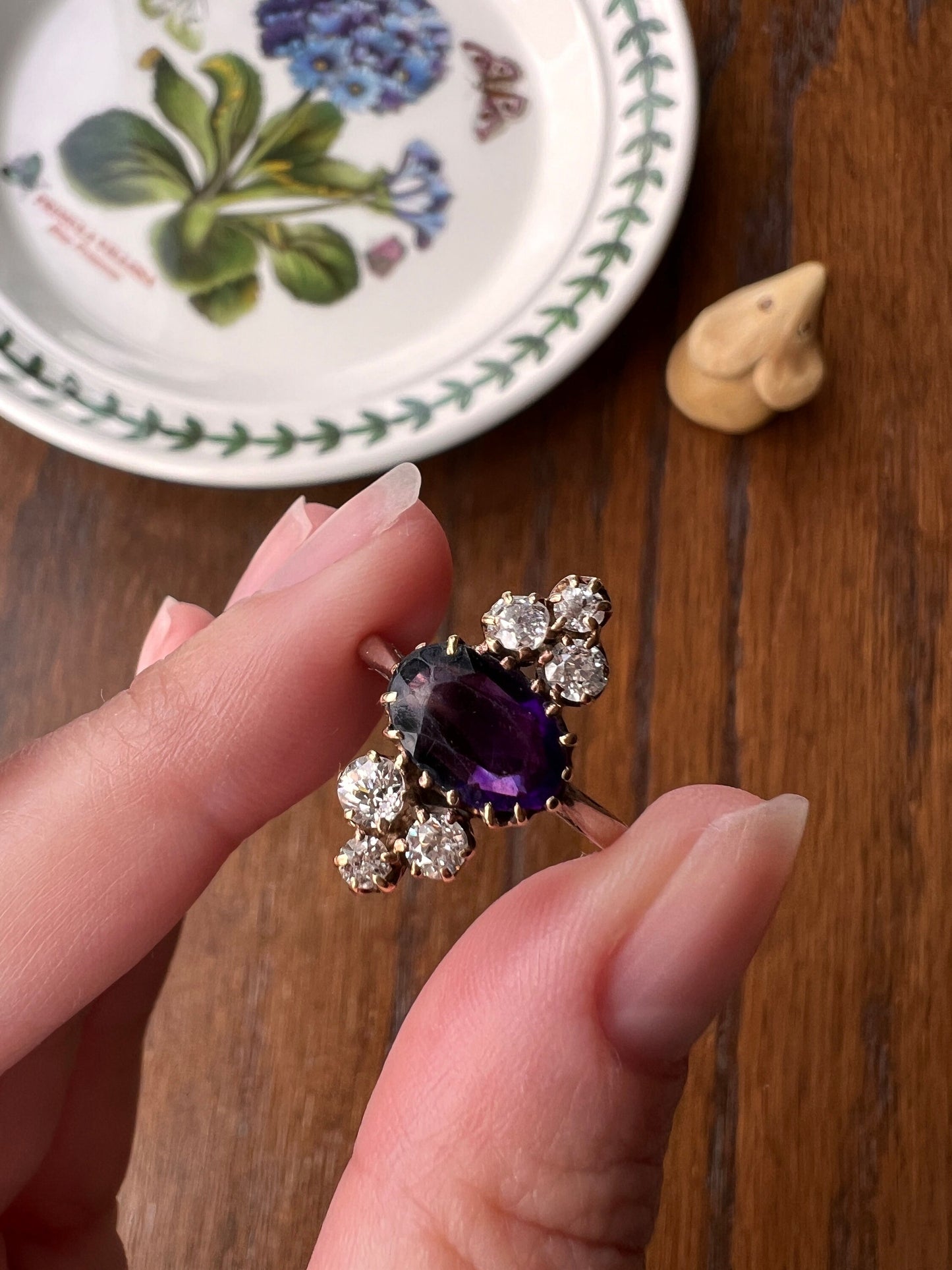 AMETHYST .5 Carat Old Mine Cut DIAMOND Seven Stone Tiara Ring 18k Yellow & White Gold Crowned Purple Oval Romantic Gift Victorian OmC Ornate