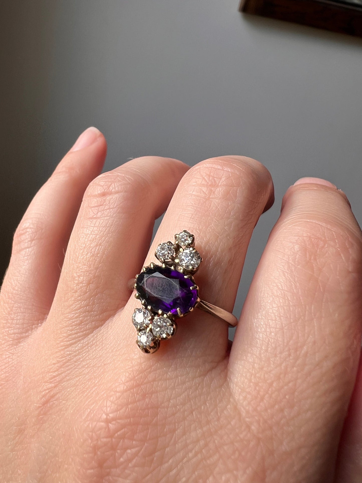 AMETHYST .5 Carat Old Mine Cut DIAMOND Seven Stone Tiara Ring 18k Yellow & White Gold Crowned Purple Oval Romantic Gift Victorian OmC Ornate