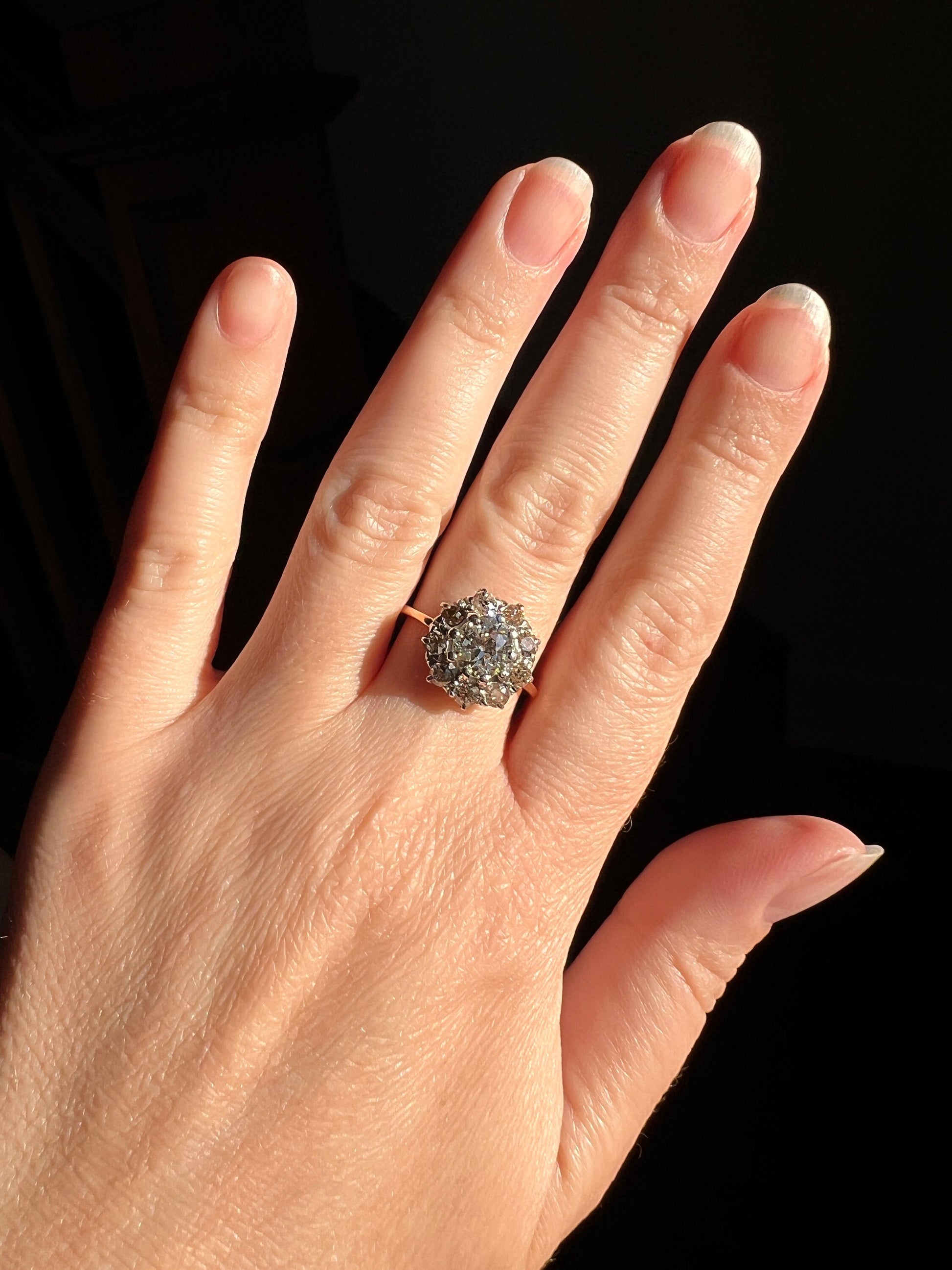 Antique Daisy CLUSTER Ring 1.5 CARAT Old Mine Cut DIAMOND Champagne Light Brown 18k Gold Antique Chunky Stacker Victorian Edwardian Gift OmC