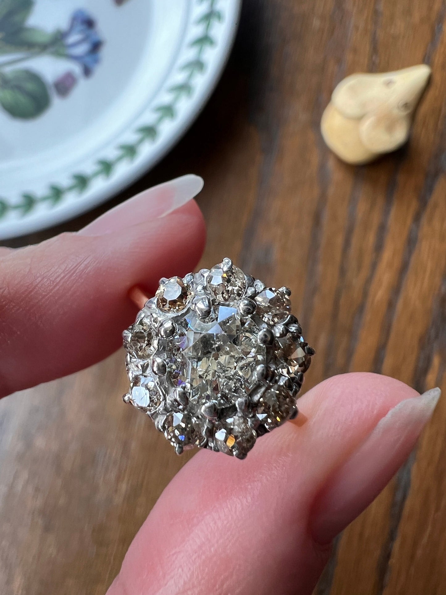 Antique Daisy CLUSTER Ring 1.5 CARAT Old Mine Cut DIAMOND Champagne Light Brown 18k Gold Antique Chunky Stacker Victorian Edwardian Gift OmC