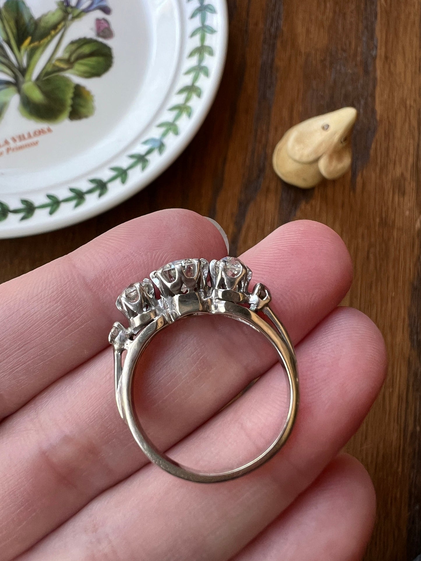 TALL Antique 18k White Gold 1.8 CARAT Transitional & Old Mine Cut DIAMOND Band Three / Five Stone Stone Ring Tall Stacker Wedding Engagement