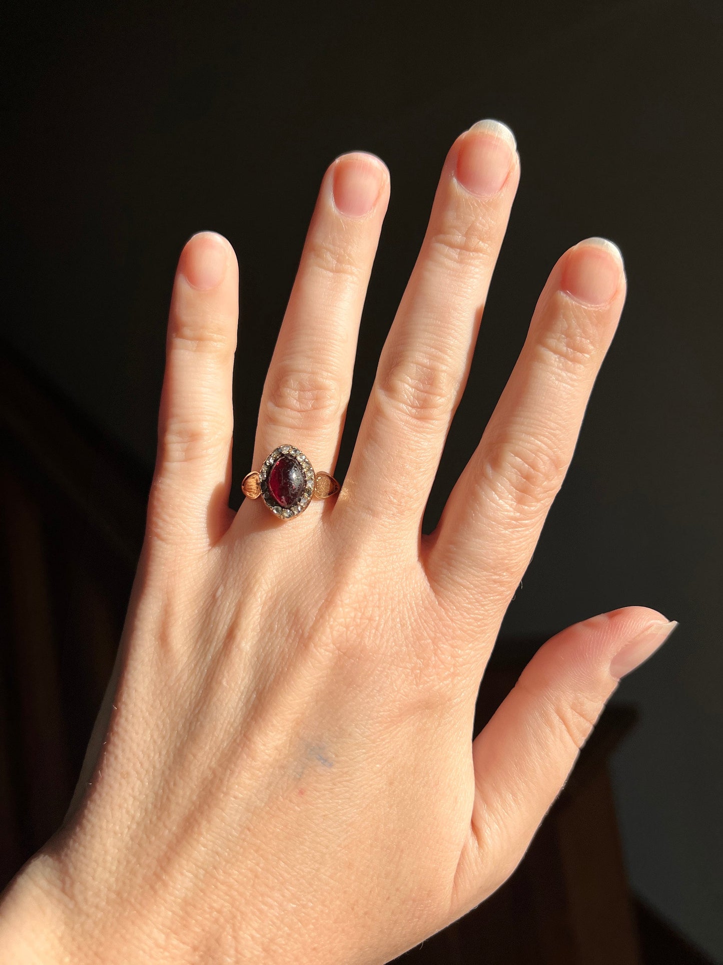 Glowing Cabochon Red GARNET Rose Cut Diamond Halo Ring French Antique 14k Gold Georgian Victorian Juicy Oval Berry Red Pink Romantic Gift