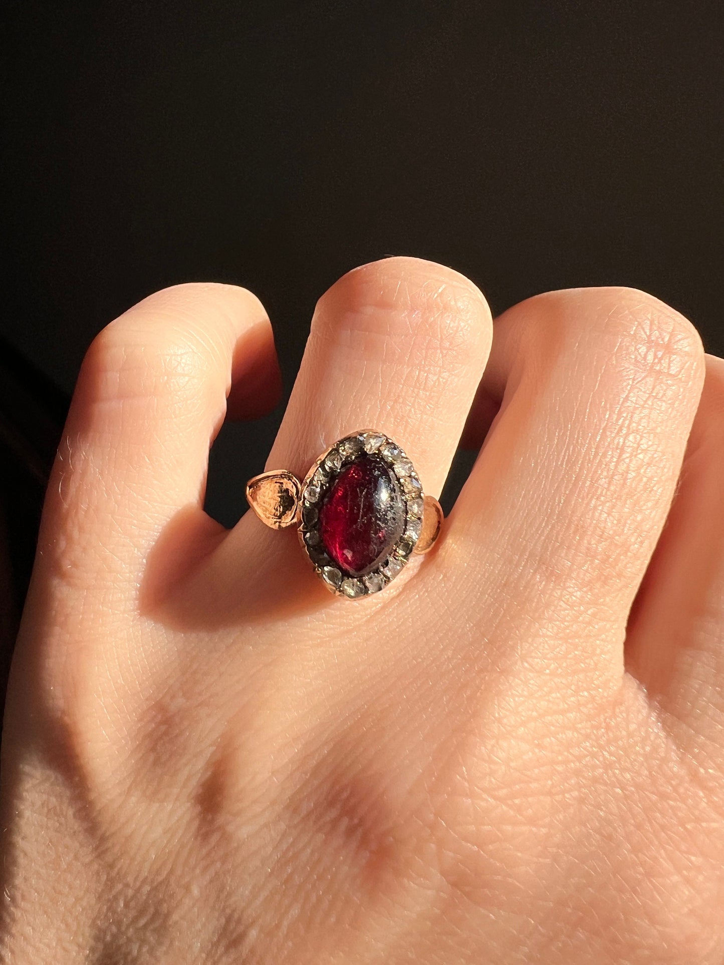 Glowing Cabochon Red GARNET Rose Cut Diamond Halo Ring French Antique 14k Gold Georgian Victorian Juicy Oval Berry Red Pink Romantic Gift