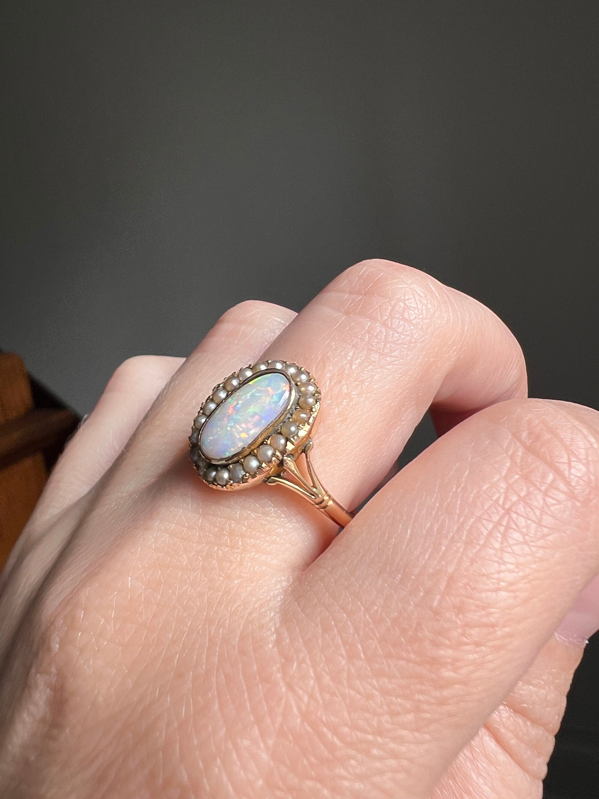 OPAL Pearl Halo Ring 9k Gold VICTORIAN Antique Ornate Stacker Warm Gray Purple Iridescent Glossy Blue Romantic Gift Not 10k