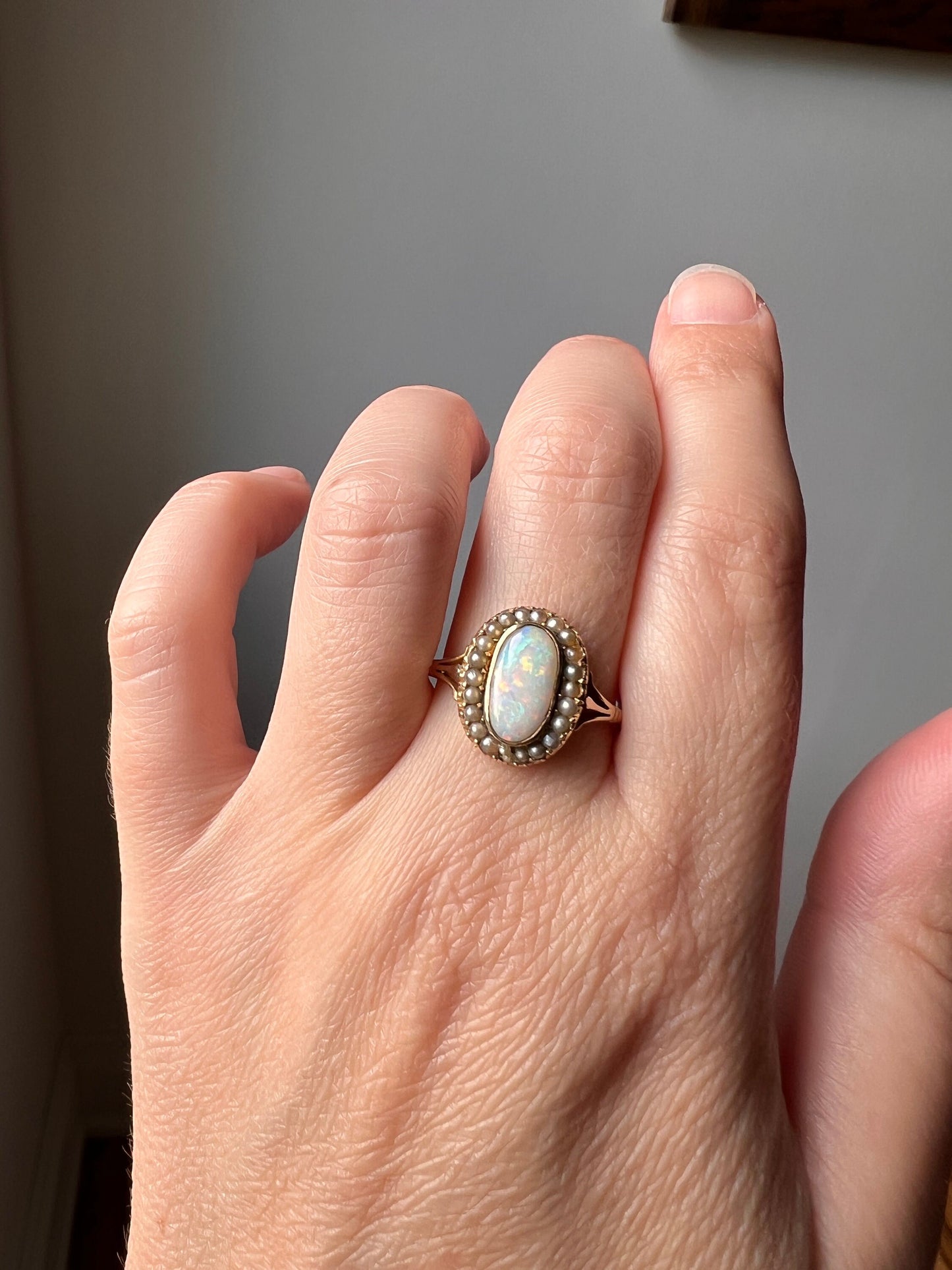 OPAL Pearl Halo Ring 9k Gold VICTORIAN Antique Ornate Stacker Warm Gray Purple Iridescent Glossy Blue Romantic Gift Not 10k