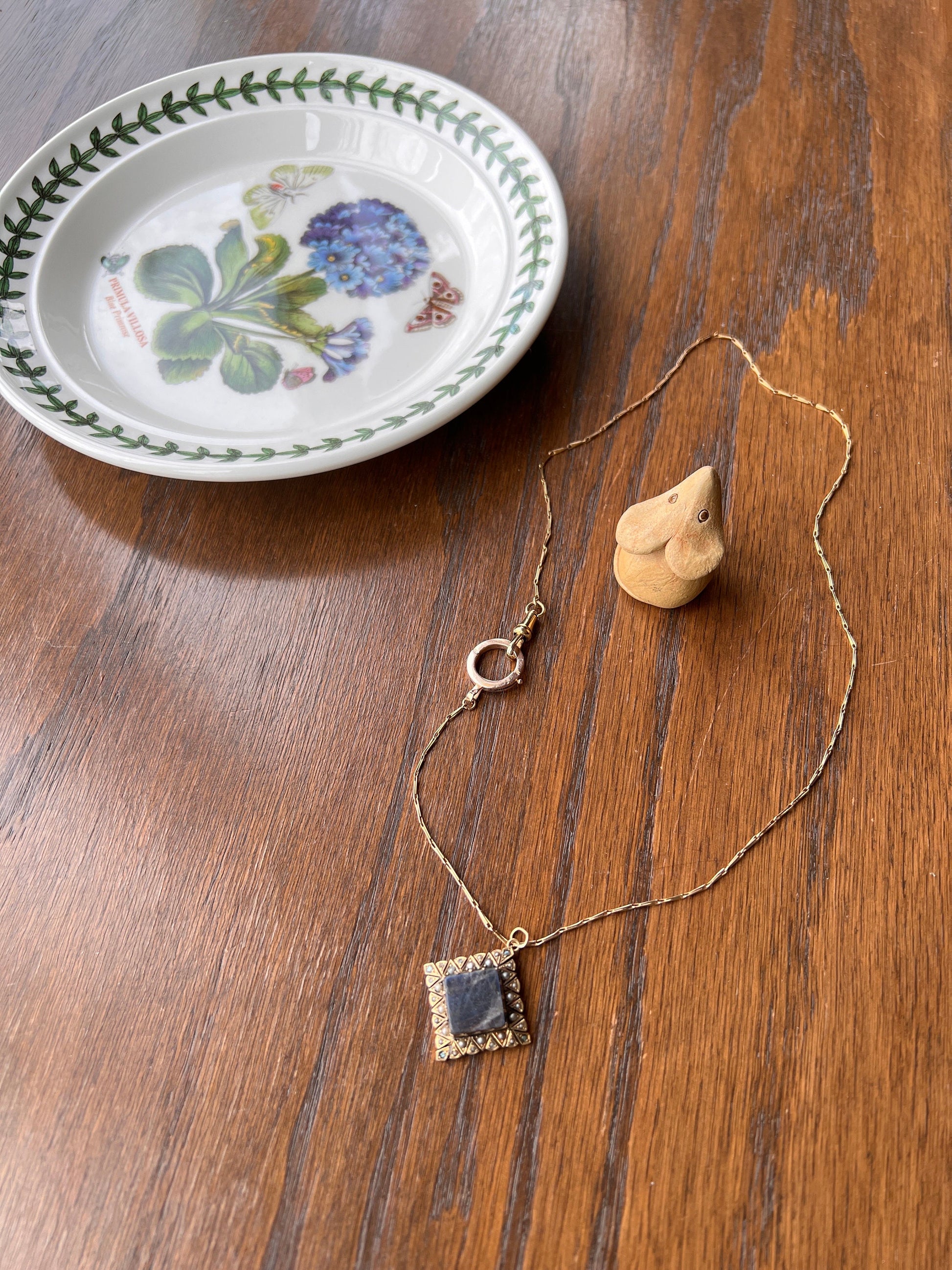 My Favorite LABRADORITE Antique Glowing Blue Pendant Square Diamond Shape Set with Pearls 10k Gold Solid Triangular Pie Starburst Bezels