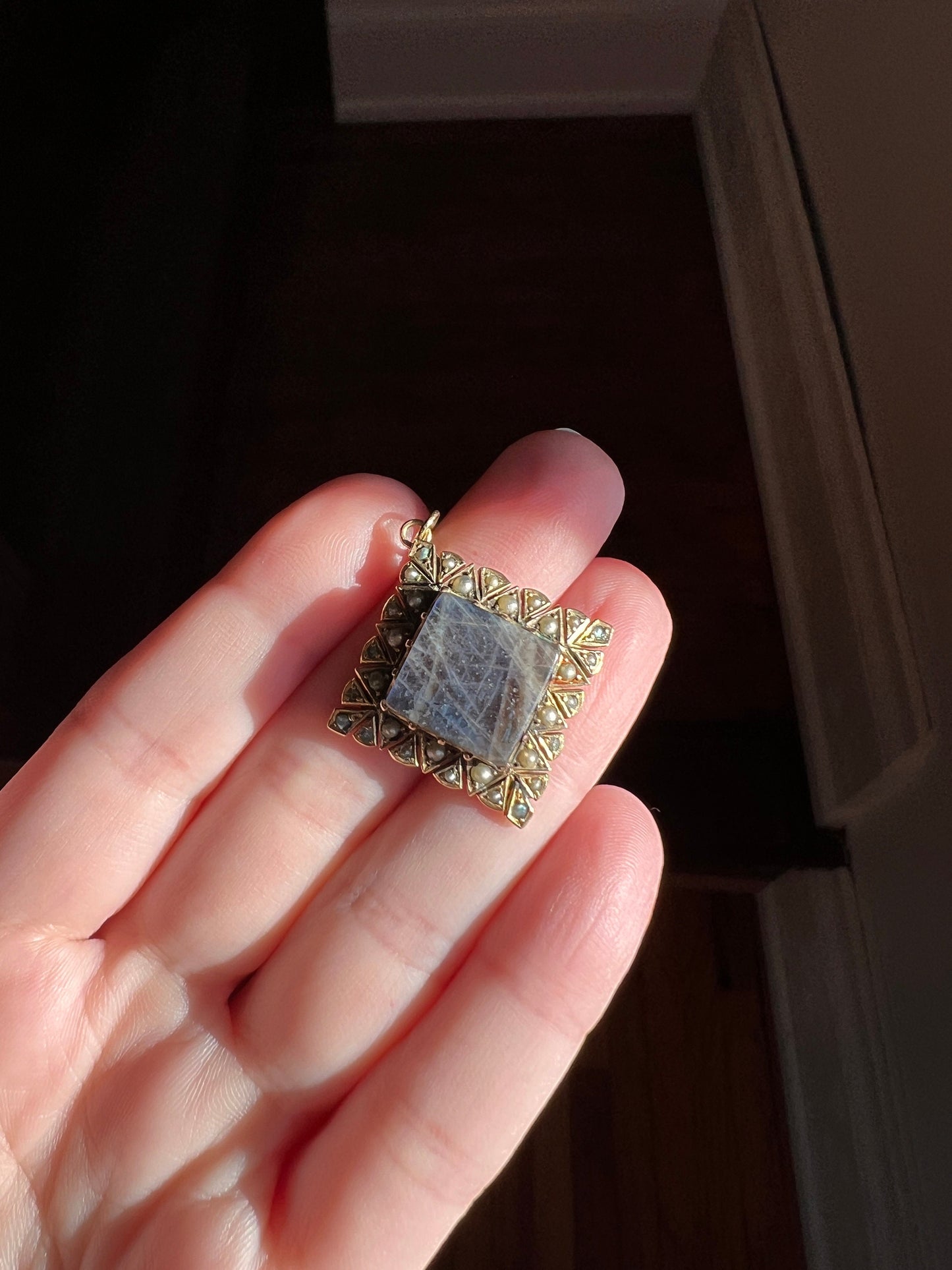 My Favorite LABRADORITE Antique Glowing Blue Pendant Square Diamond Shape Set with Pearls 10k Gold Solid Triangular Pie Starburst Bezels