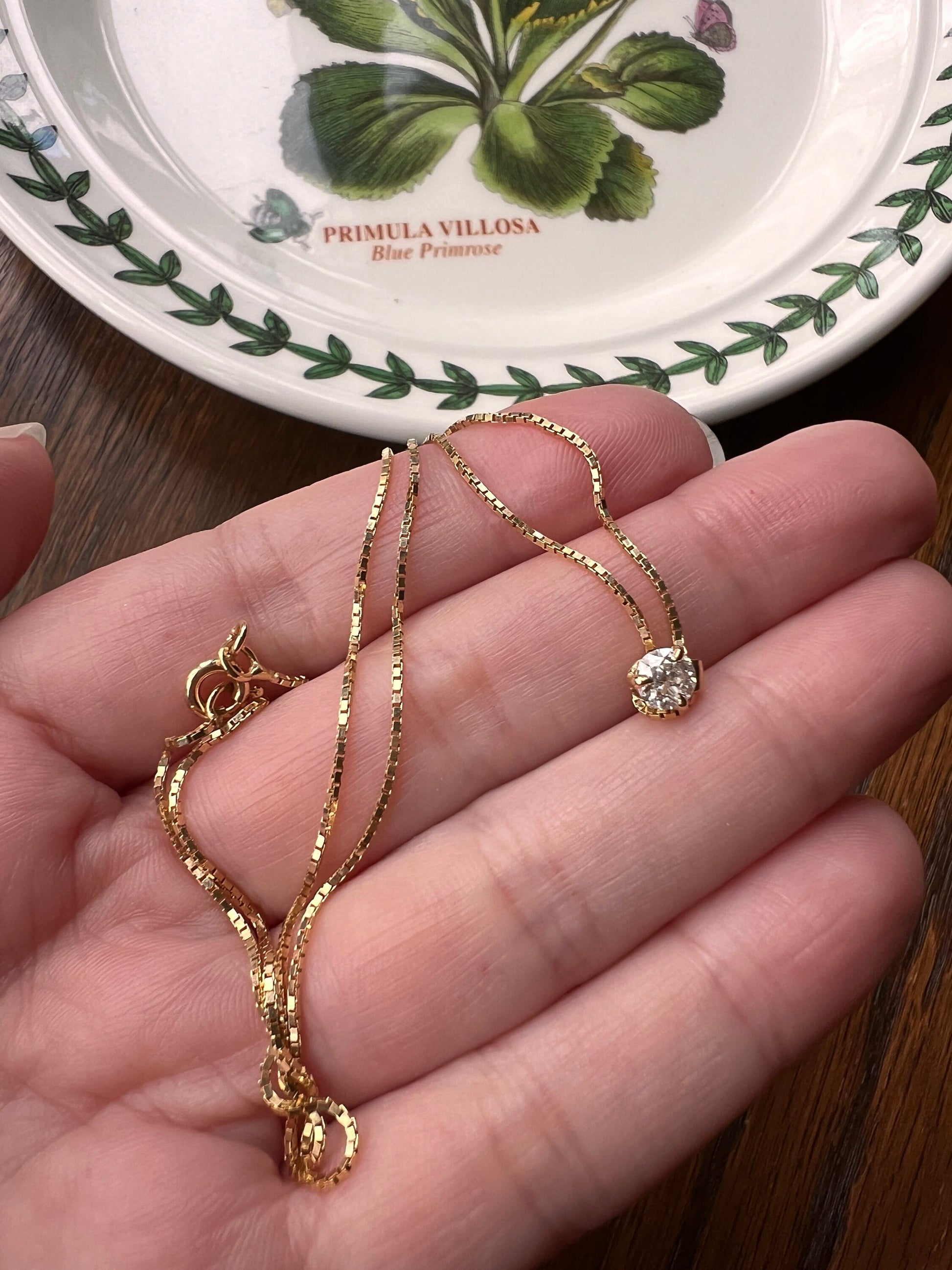 French Vintage .3 Carat Old European Cut DIAMOND Solitaire Necklace Pendant 18k Gold Shimmer Snake Chain Antique Stone Minimalist Dainty OEC