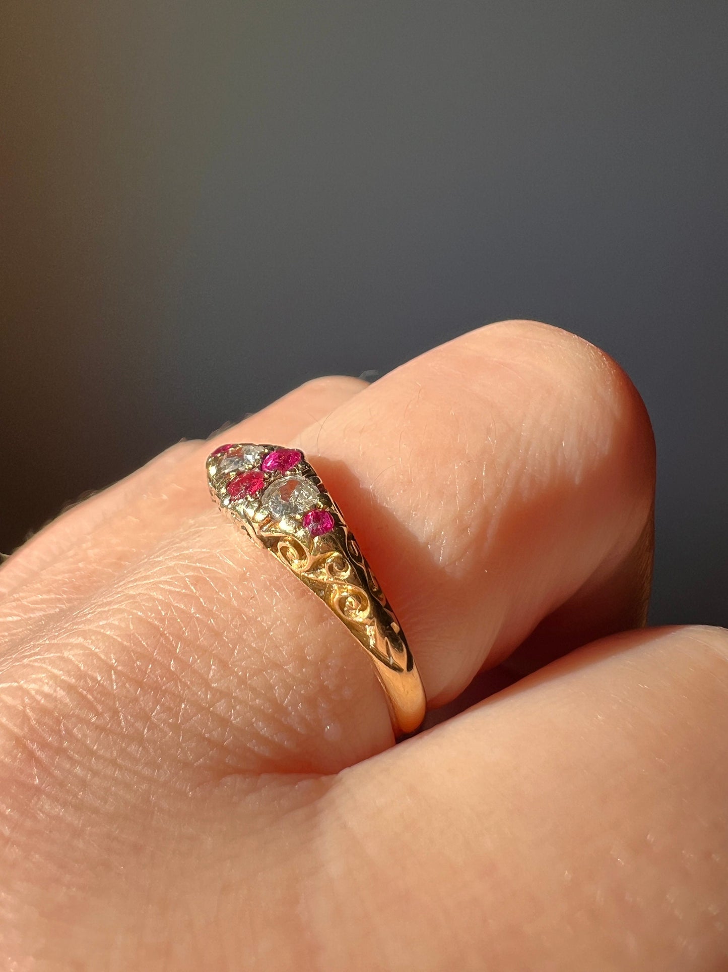 Scrolled Victorian Antique Ruby Old Mine Cut DIAMOND Stacker Band Ring 18k Gold Red Pink Romantic Gift Minimalist Skinny Ornate Kite