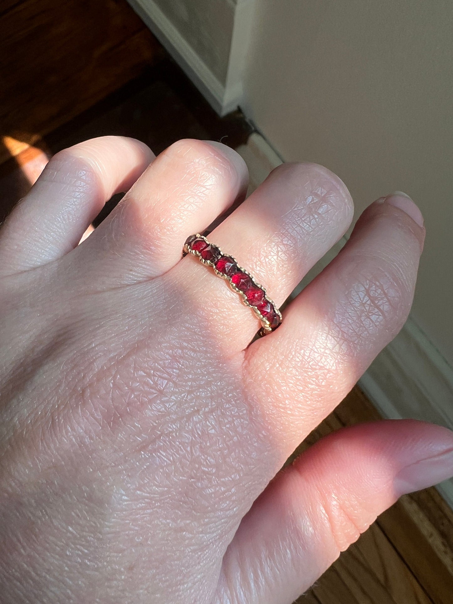 GARNET Crimson Red Rose Cut Eternity Band 9k Gold Ring Eternal Love Romantic Gift Glowing Skinny Stacker Antique Victorian Not 10k