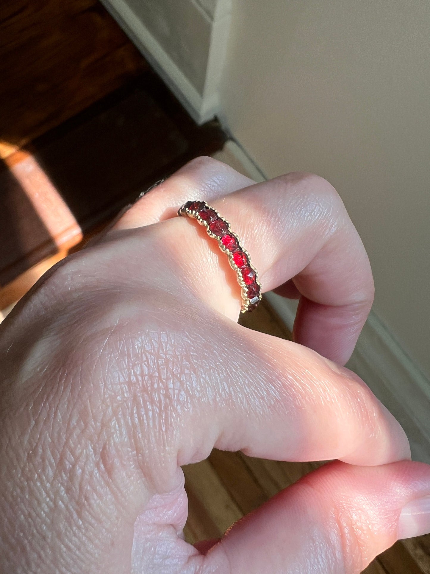 GARNET Crimson Red Rose Cut Eternity Band 9k Gold Ring Eternal Love Romantic Gift Glowing Skinny Stacker Antique Victorian Not 10k