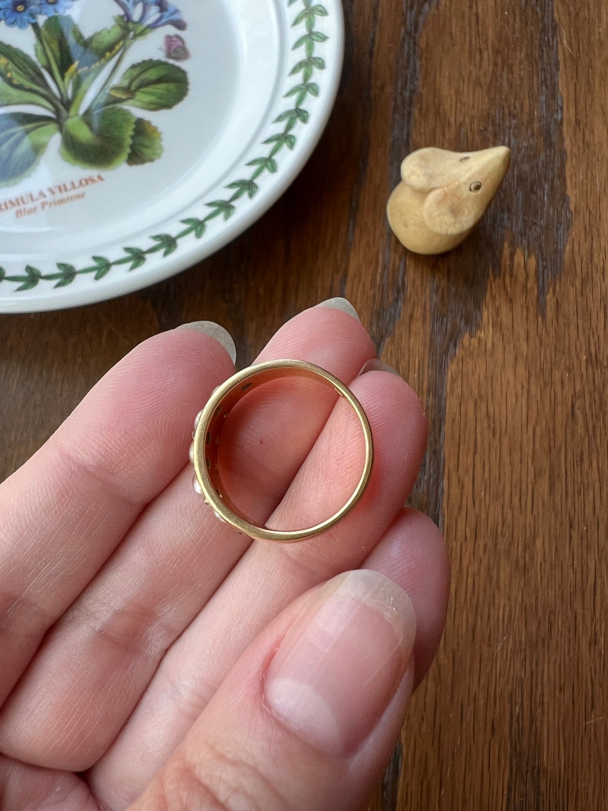 Victorian Antique Pearl Old Mine Cut DIAMOND Five Stone Ring 18k GOLD Wide Band Stacker Romantic Gift Layering Sparkle Half Hoop Not 14k