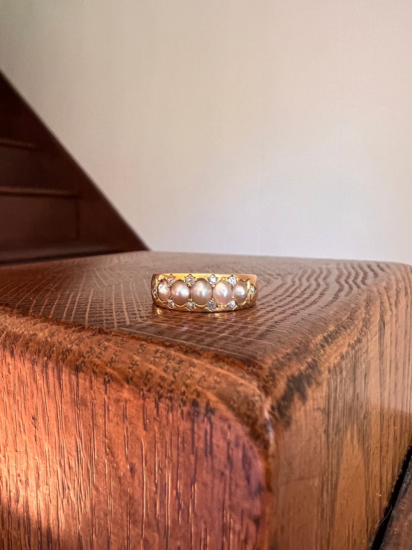 Victorian Antique Pearl Old Mine Cut DIAMOND Five Stone Ring 18k GOLD Wide Band Stacker Romantic Gift Layering Sparkle Half Hoop Not 14k