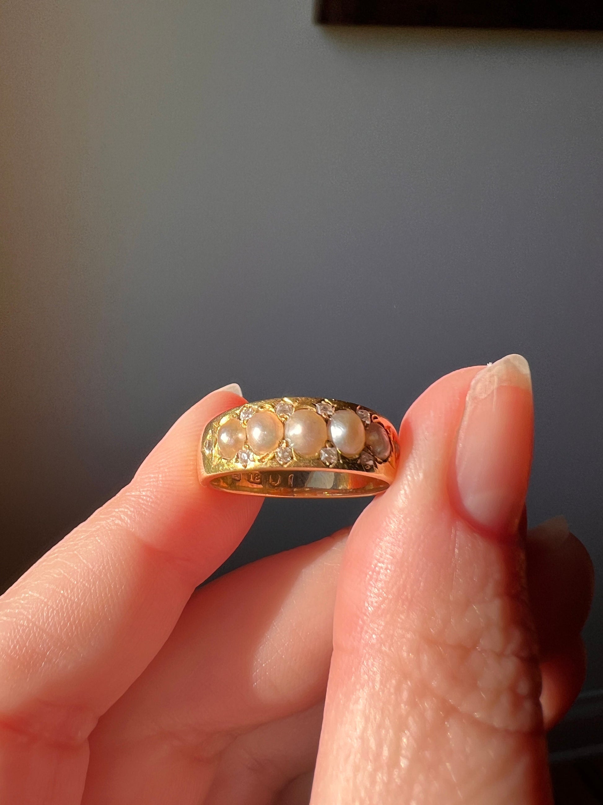 Victorian Antique Pearl Old Mine Cut DIAMOND Five Stone Ring 18k GOLD Wide Band Stacker Romantic Gift Layering Sparkle Half Hoop Not 14k