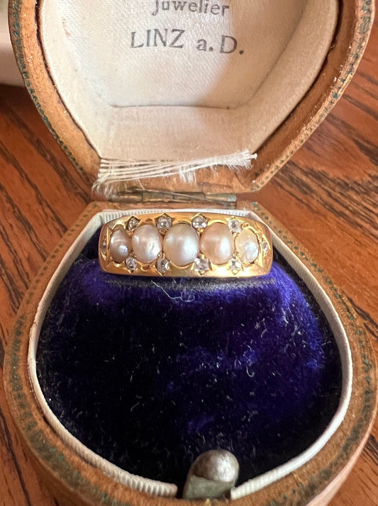 Victorian Antique Pearl Old Mine Cut DIAMOND Five Stone Ring 18k GOLD Wide Band Stacker Romantic Gift Layering Sparkle Half Hoop Not 14k