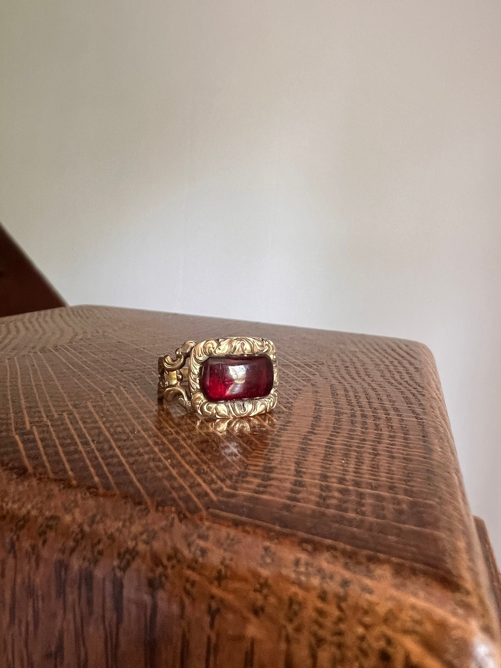 Dated 1827 GARNET 14k Gold Mourning Ring Engraved Floral Forget Me Not Swirl Embossed Halo Red Glow Memorial Band Stacker Collectible Gift