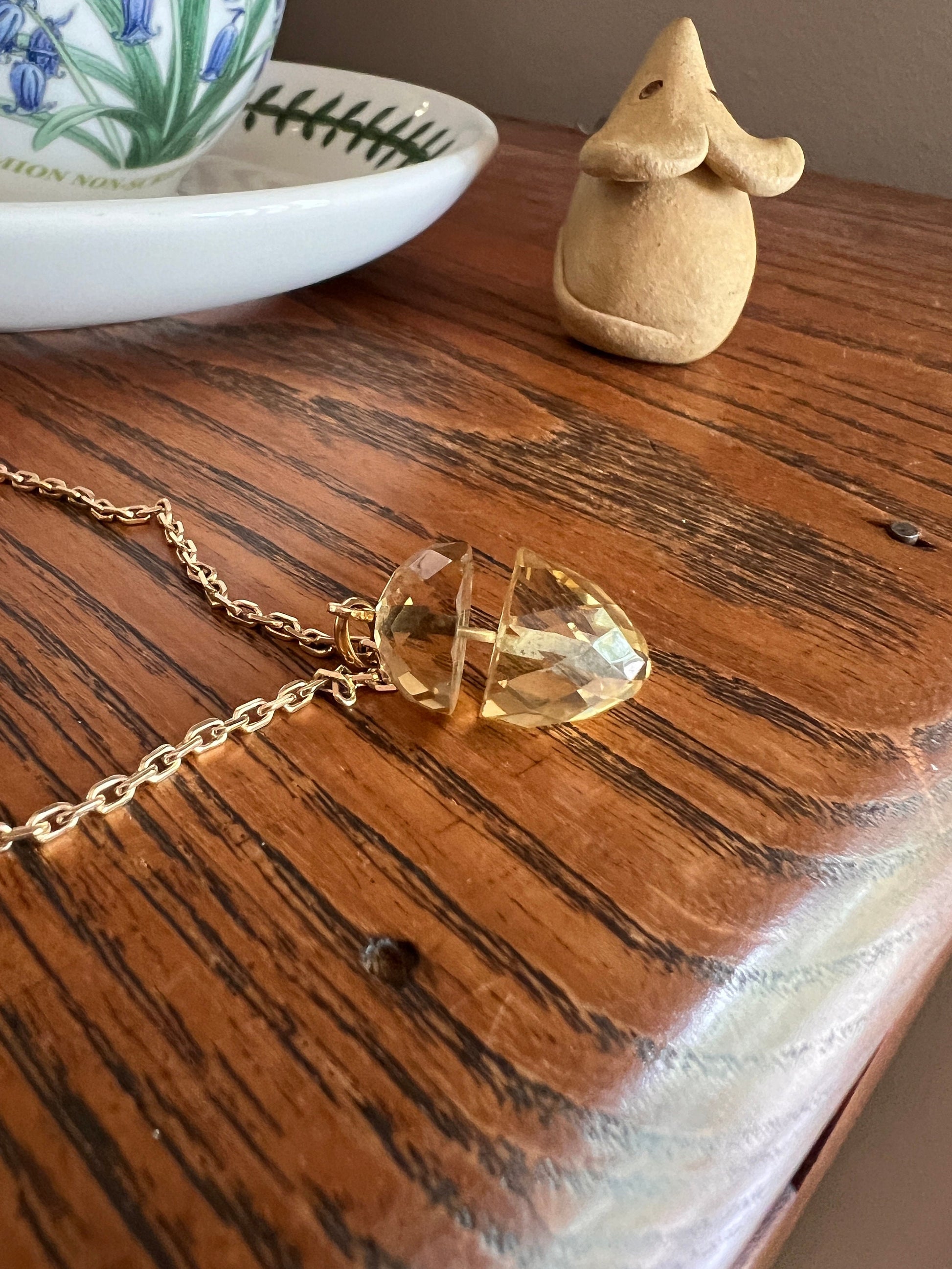 ACORN Yellow Citrine French Victorian ANTIQUE Figural Faceted Gemstone Pendant Necklace on Gold Fill Chain Spinner Pale Lemon Quartz 3D