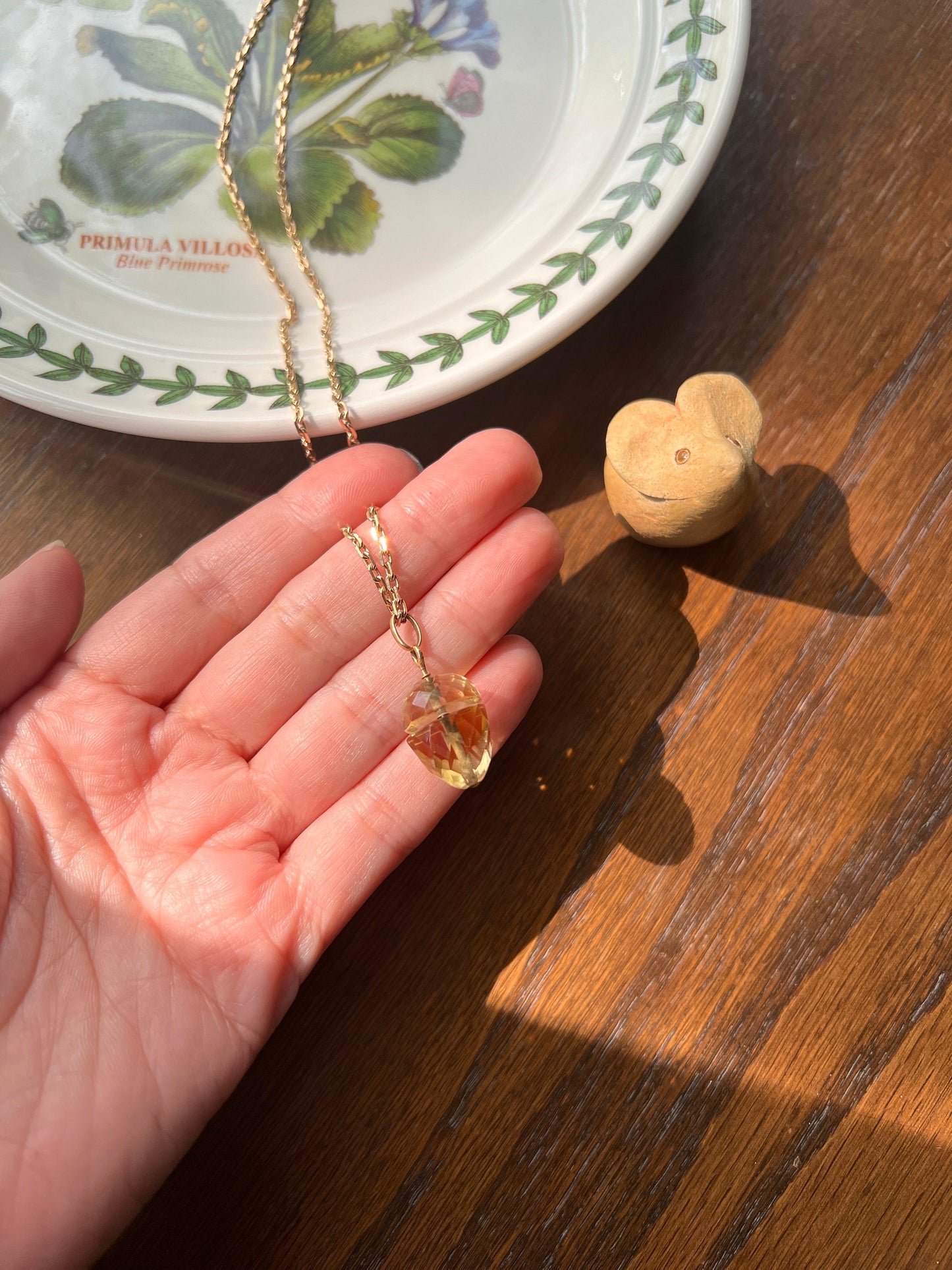 ACORN Yellow Citrine French Victorian ANTIQUE Figural Faceted Gemstone Pendant Necklace on Gold Fill Chain Spinner Pale Lemon Quartz 3D