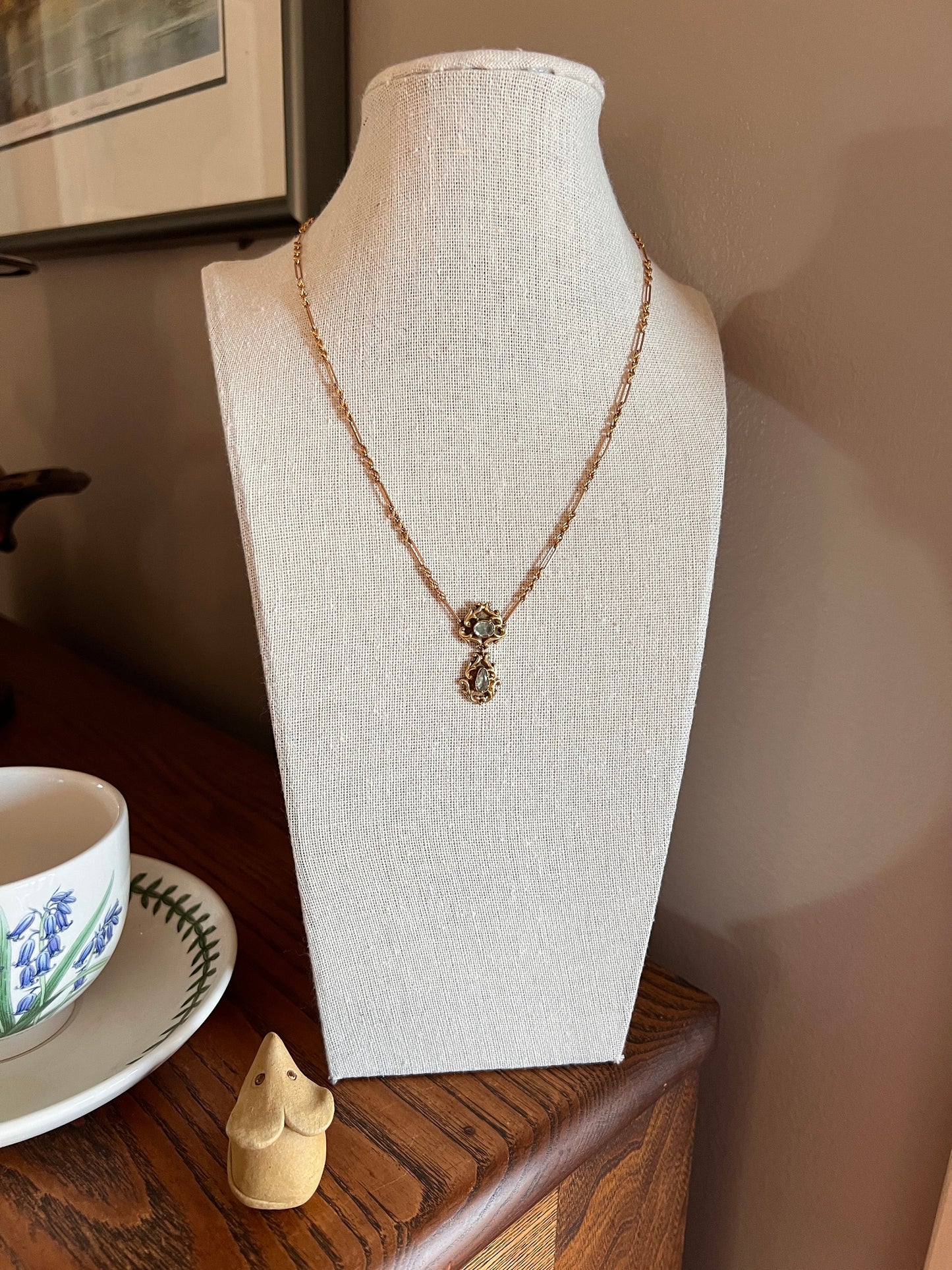 Rare FLOURITE Pale Blue Green Teardrop Pendant on Braided Alt Link Chain 14k Gold Georgian Victorian Neckmess Neckstack Ornate Love Gift