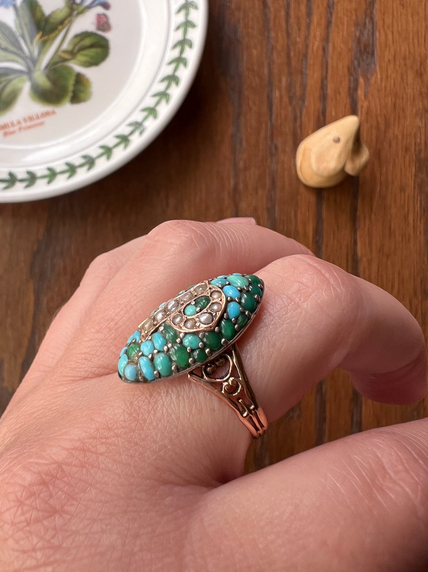 Victorian Antique TURQUOISE Pearl Letter P d Initial Ring French 18k Silver Blue Green Letter Monogram Signet Domed Navette Pave Gemset Gift