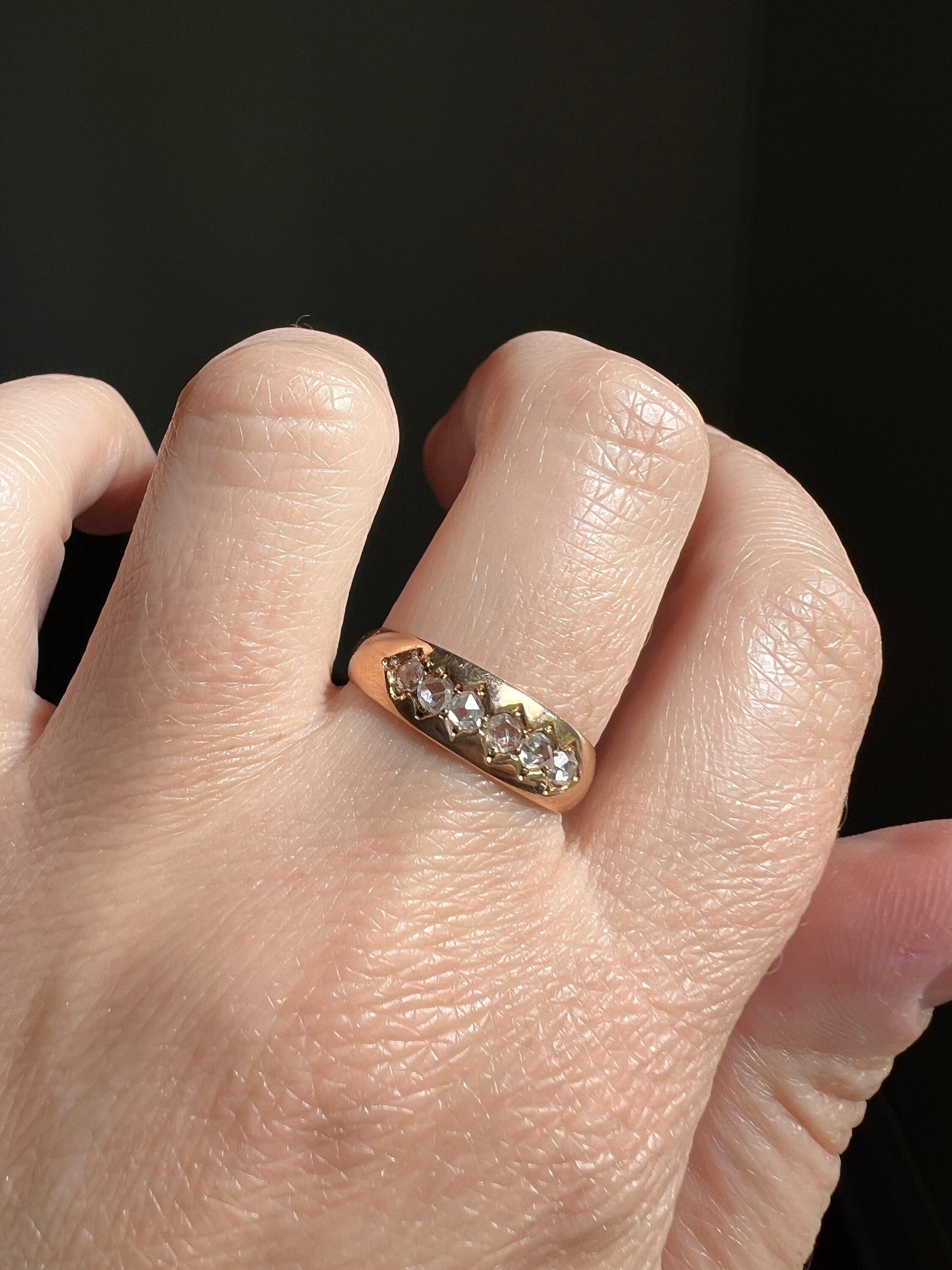 Six Stone Rose Cut DIAMOND Band 15k Gold Ring Texture Stacker Diamond Bezel Set Geometric Argyle Romantic Gift Anniversary Wedding Not 14k