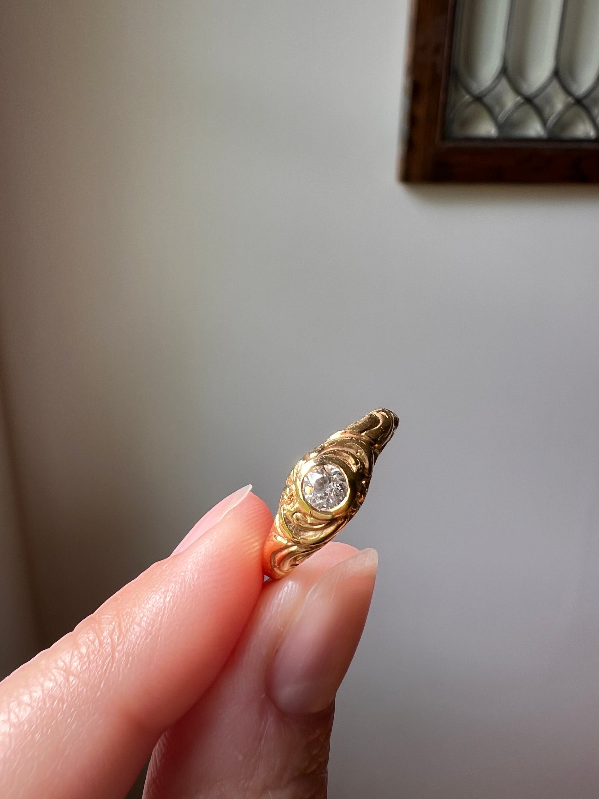 ANTIQUE Victorian 15k Gold .25 Carat Old Mine Cut DIAMOND Band Gypsy Ring Stacker Romantic Gift Ornate Swirl Ringstack Sparkle Chunky OMC