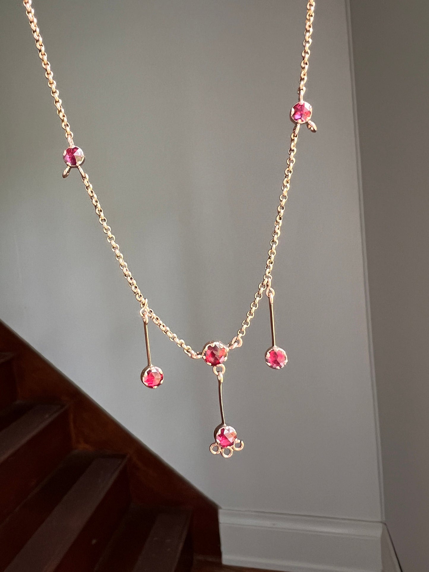 Perpignan GARNET French GEORGIAN Antique 18k Gold Rolo Chain Dangle Drop Pendants Pink Purple Neckmess Romantic Gift Glow Victorian Fringe