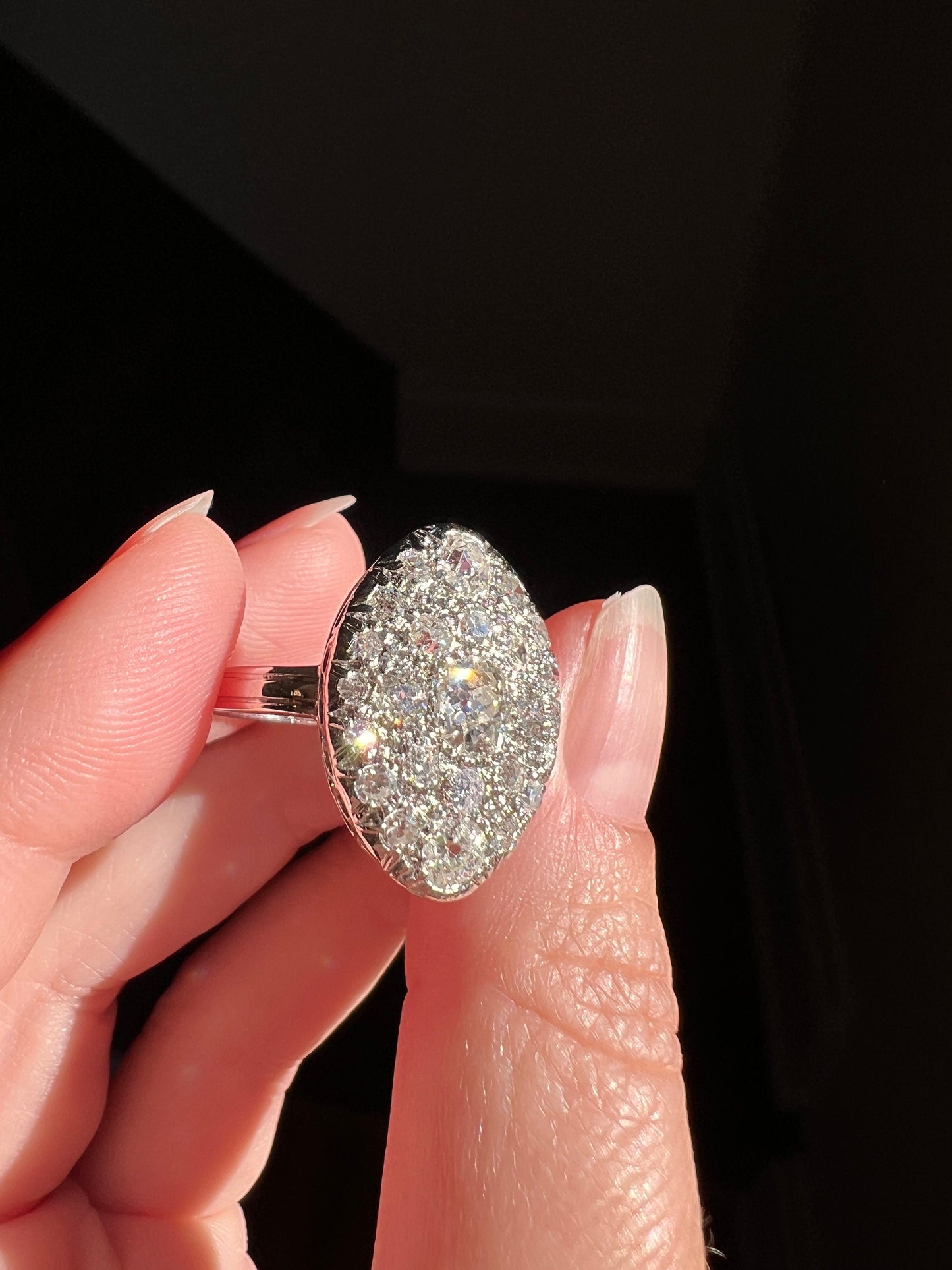 XL Domed Oval 1.75 Carat Old Mine Cut Diamond Cluster RING 18k White Gold PLATINUM French ANTiQUE Belle Epoque Gift OmC Cobblestone Art Deco