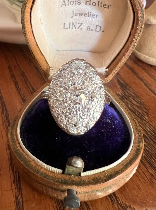 XL Domed Oval 1.75 Carat Old Mine Cut Diamond Cluster RING 18k White Gold PLATINUM French ANTiQUE Belle Epoque Gift OmC Cobblestone Art Deco