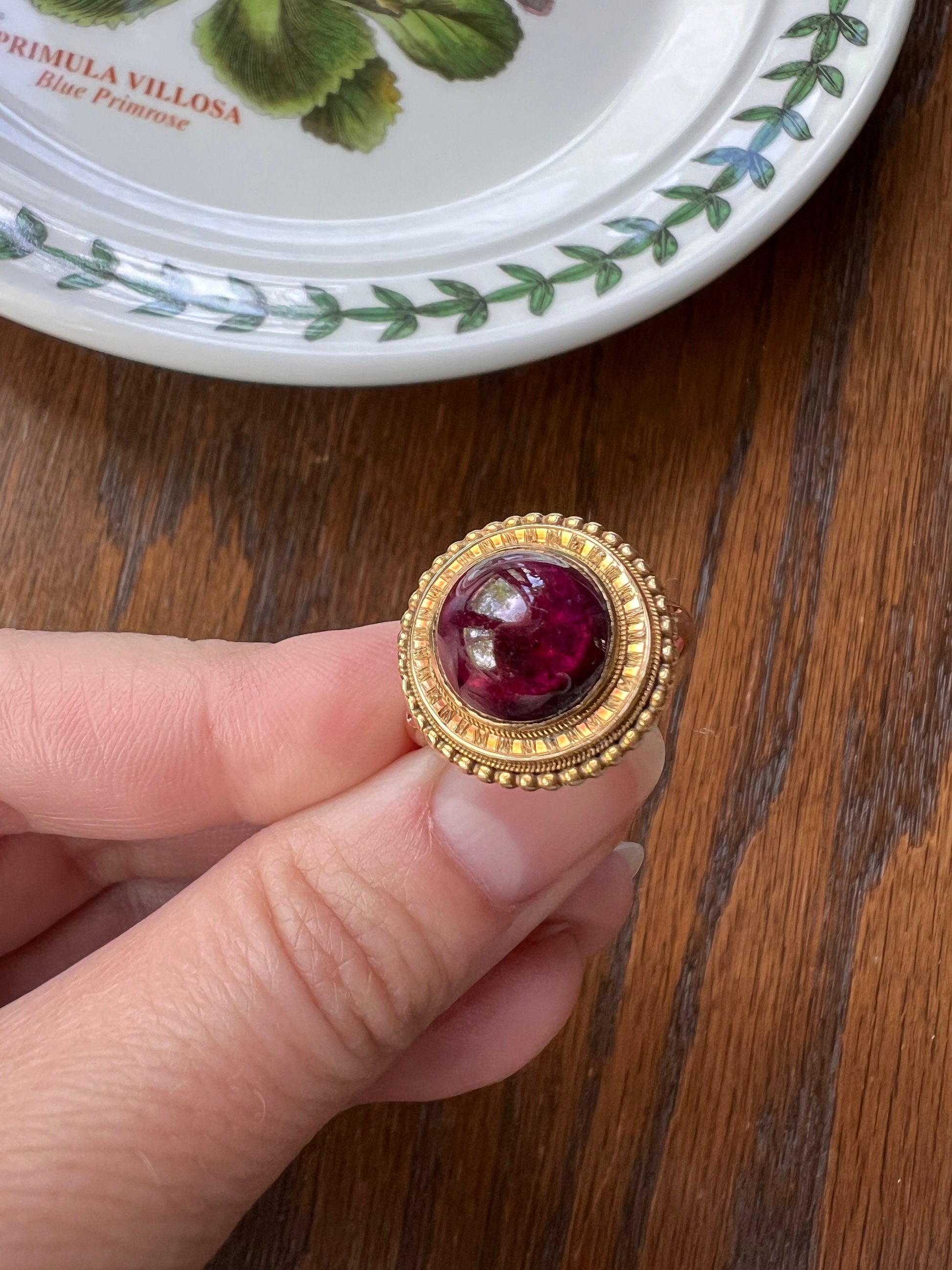ANTIQUE Victorian Etruscan Revival GARNET Carbuncle Ring Engraved Halo 14k Gold Domed Purple Red Glow Chunky Ball Rivet Halo Romantic Gift