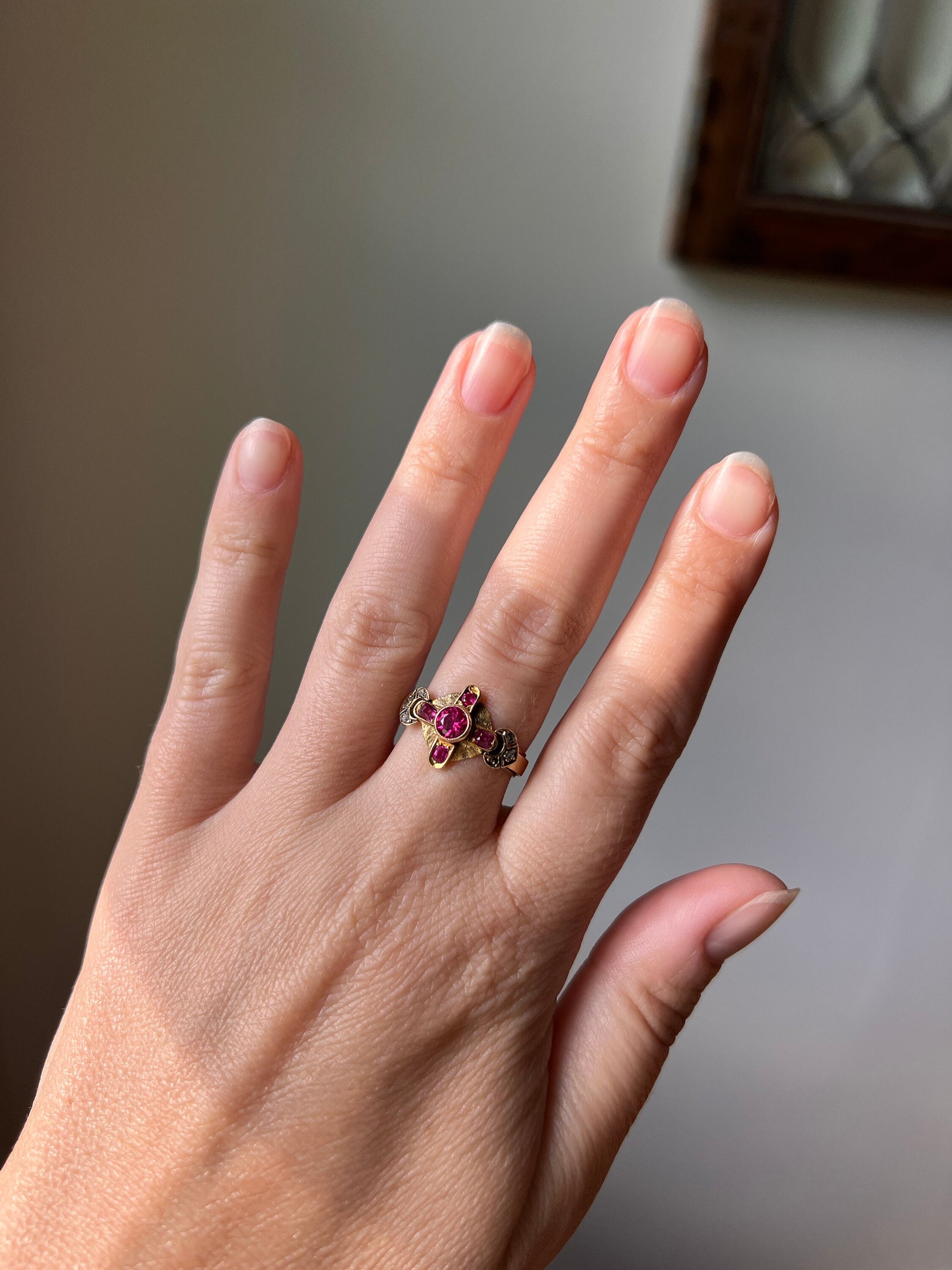 CRUCIFORM Victorian ANTIQUE Pink Ruby Ring Rose Cut Diamond 14k Gold Medieval Geometric Stacker Romantic Gift Engagement Wedding Band Set?