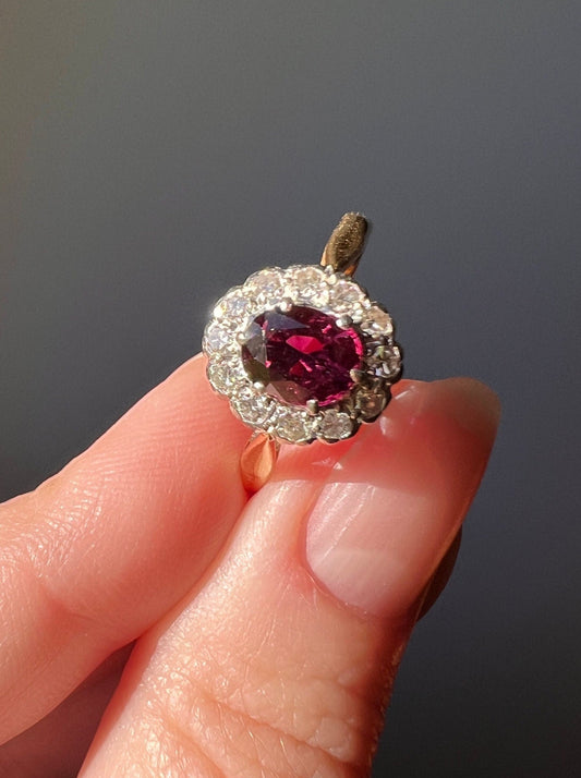 oxblood ruby natural halo old cut diamond ring antique jewelry Edwardian victorian