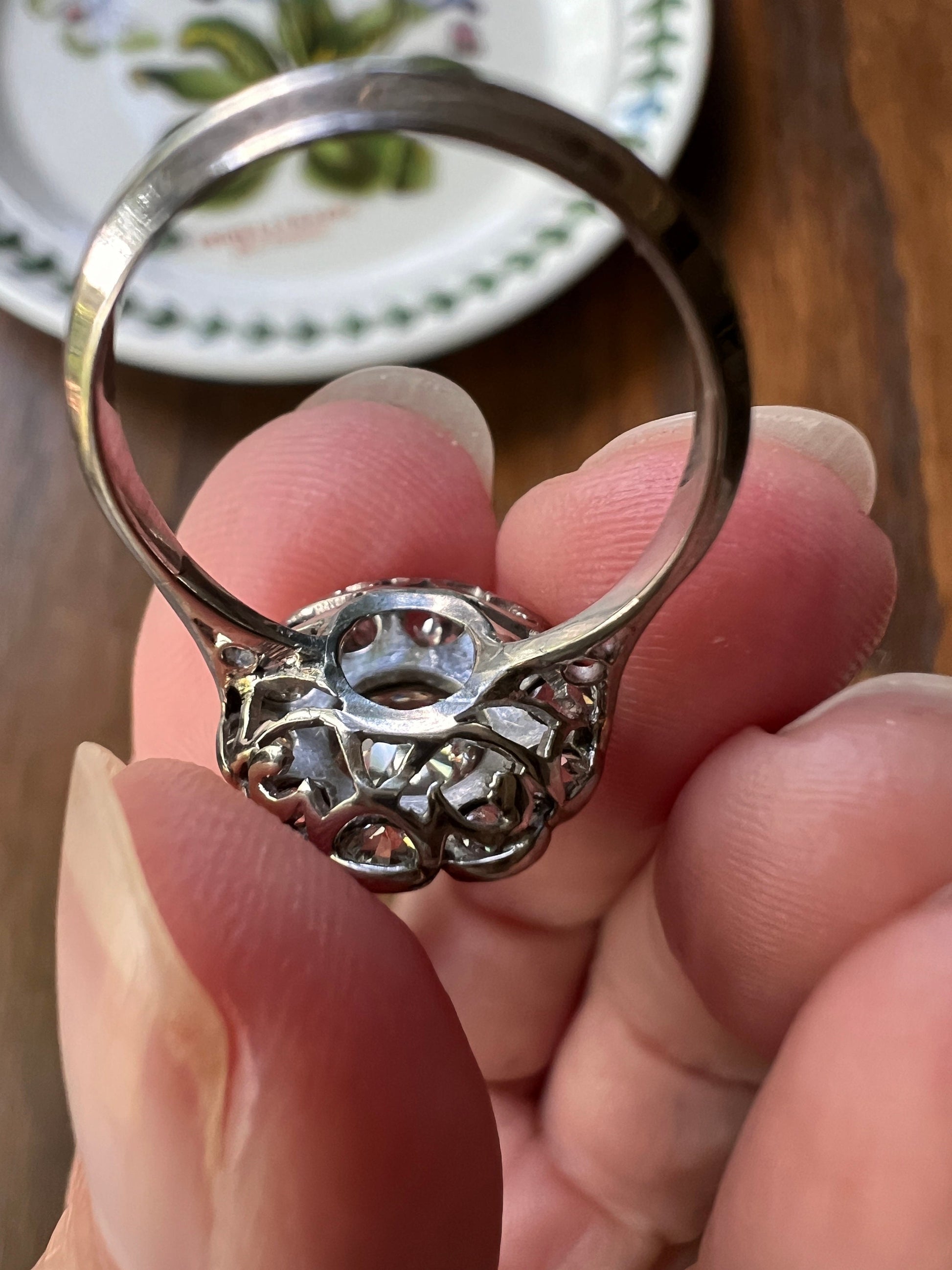 Antique Daisy CLUSTER Ring 1.3 CARAT Old Mine Cut DIAMOND 18k White Gold Floral Scallop Stacker Art Deco Romantic Gift OmC Engagement 1.3Ctw
