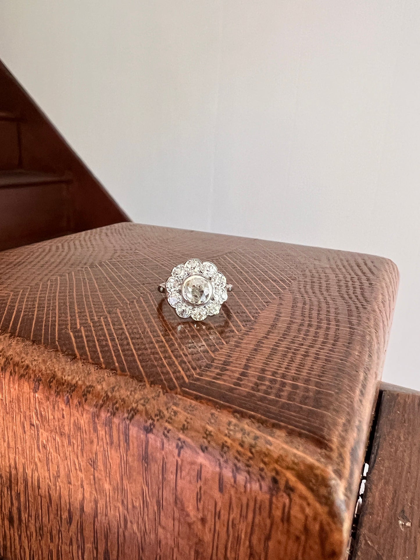 Antique Daisy CLUSTER Ring 1.3 CARAT Old Mine Cut DIAMOND 18k White Gold Floral Scallop Stacker Art Deco Romantic Gift OmC Engagement 1.3Ctw