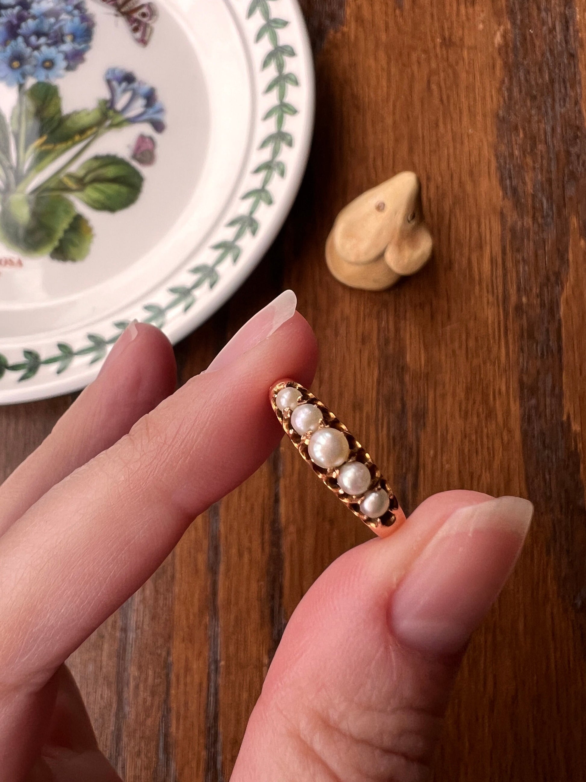 Five Stone PEARL Victorian ANTIQUE Band Ring 15k Gold Row Half Hoop Belcher Stacker Romantic Gift Geometric Not 14k