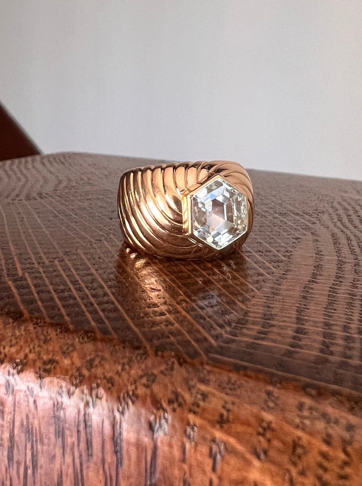 Mega HEAVY White Sapphire HEXAGON Gadroon Ring 19g 18k Gold French Vintage Chunky 13mm Wide Band Stacker Swirled Lined Geometric Domed Gift