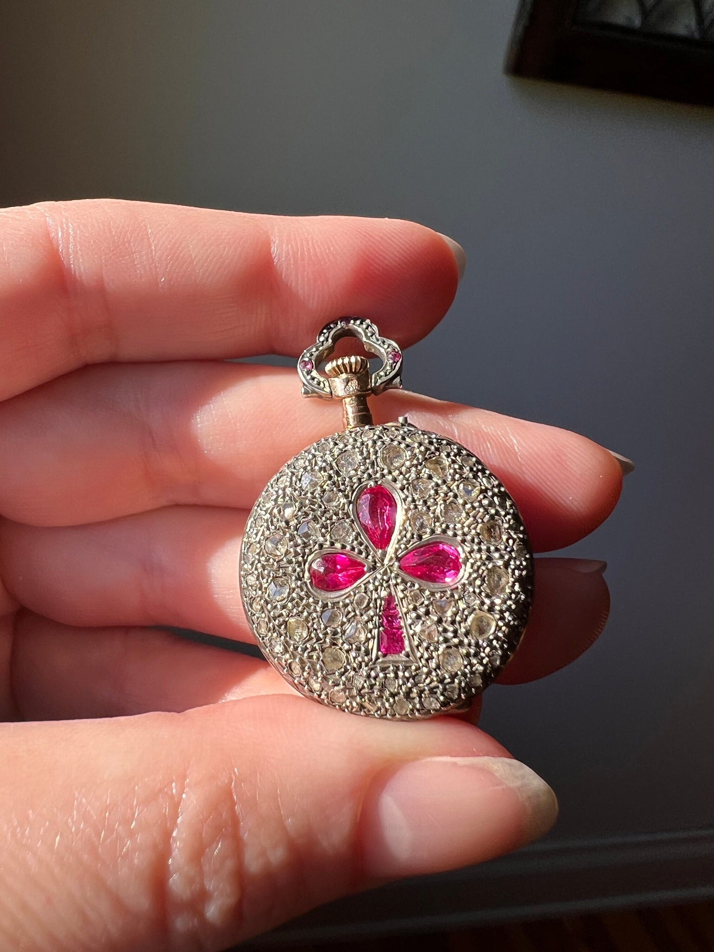 CLOVER Pink Ruby Rose Cut DIAMOND Encrusted French Antique 18k Gold Silver Pocket Watch Case Pendant Rare Victorian Figural Good Luck Gift