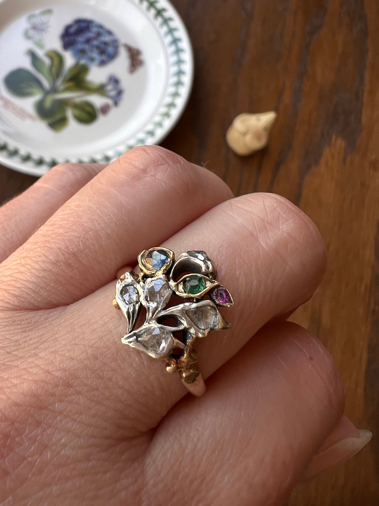 GIARDINETTI Antique Floral Bouquet Ring Ruby Emerald Rose Cut Diamond Romantic Gift Ornate Figural Georgian to Victorian Multi Color Gemset