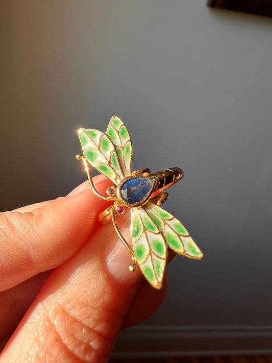 DRAGONFLY Plique A Jour Green White Enamel Blue SAPPHIRE Ruby Eyes French Vintage 18k Gold Figural Whimsical Detail Unique Gift 1.1 Inch