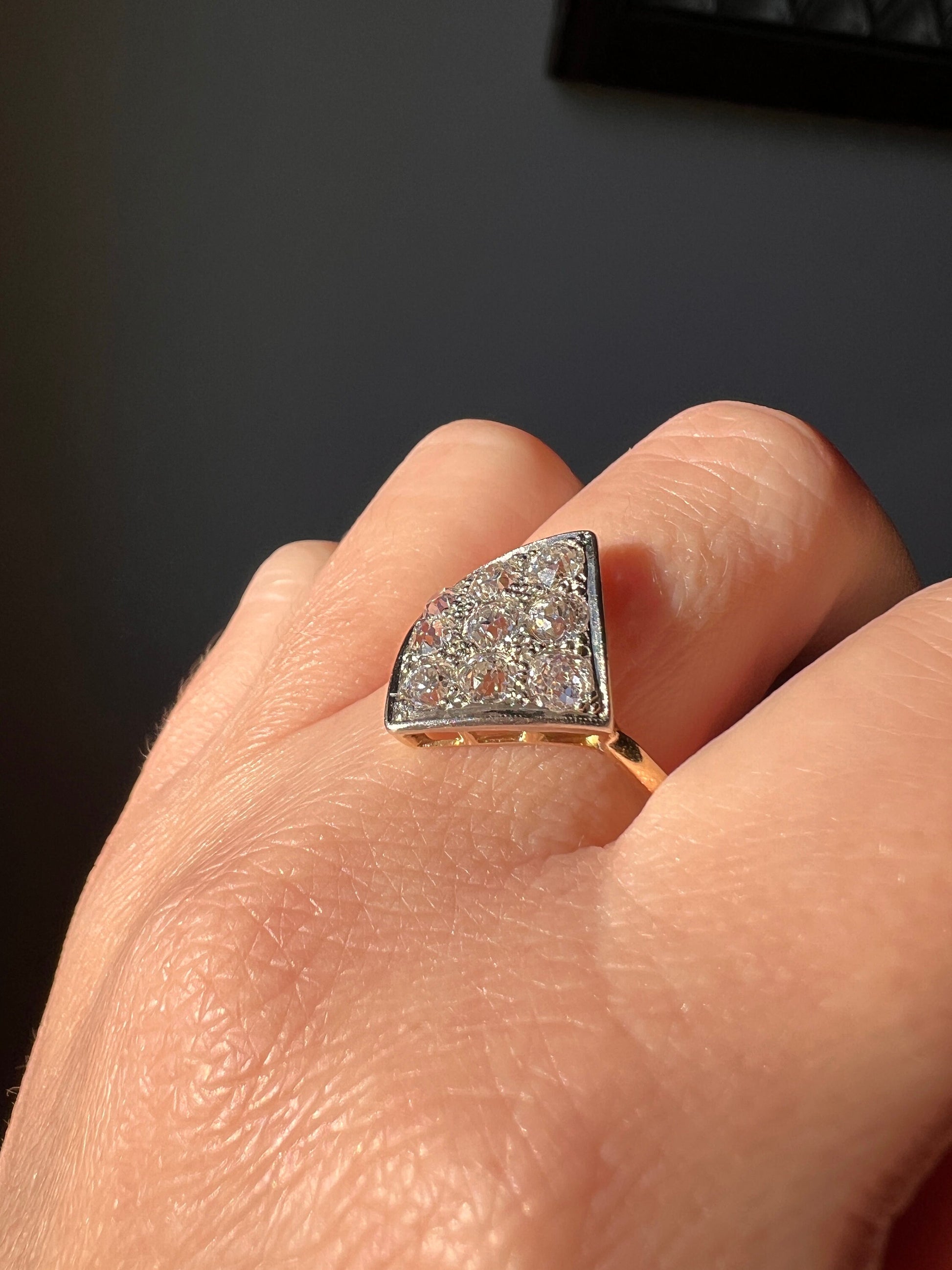CURVED Unique 1.25 Carat Nine Old Mine Cut DIAMOND Cluster Kite Grid Ring French Antique 18k Gold Geometric Stacker Cobblestone Texture Gift