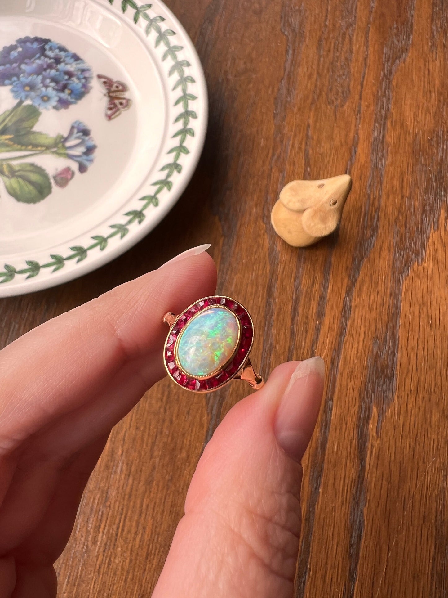 BLUE Opal Carre Cut RUBY HALO Ring French Antique 18k Gold Geometric Bullseye Target Pink Red Romantic Gift Victorian Belle Epoque