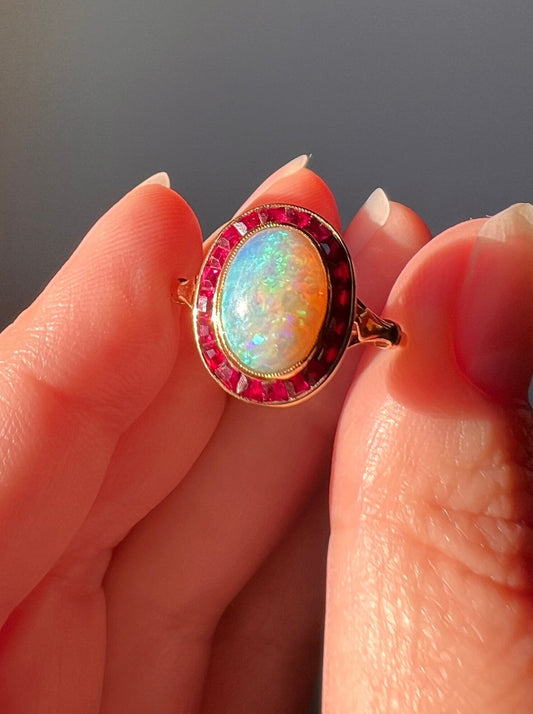 BLUE Opal Carre Cut RUBY HALO Ring French Antique 18k Gold Geometric Bullseye Target Pink Red Romantic Gift Victorian Belle Epoque