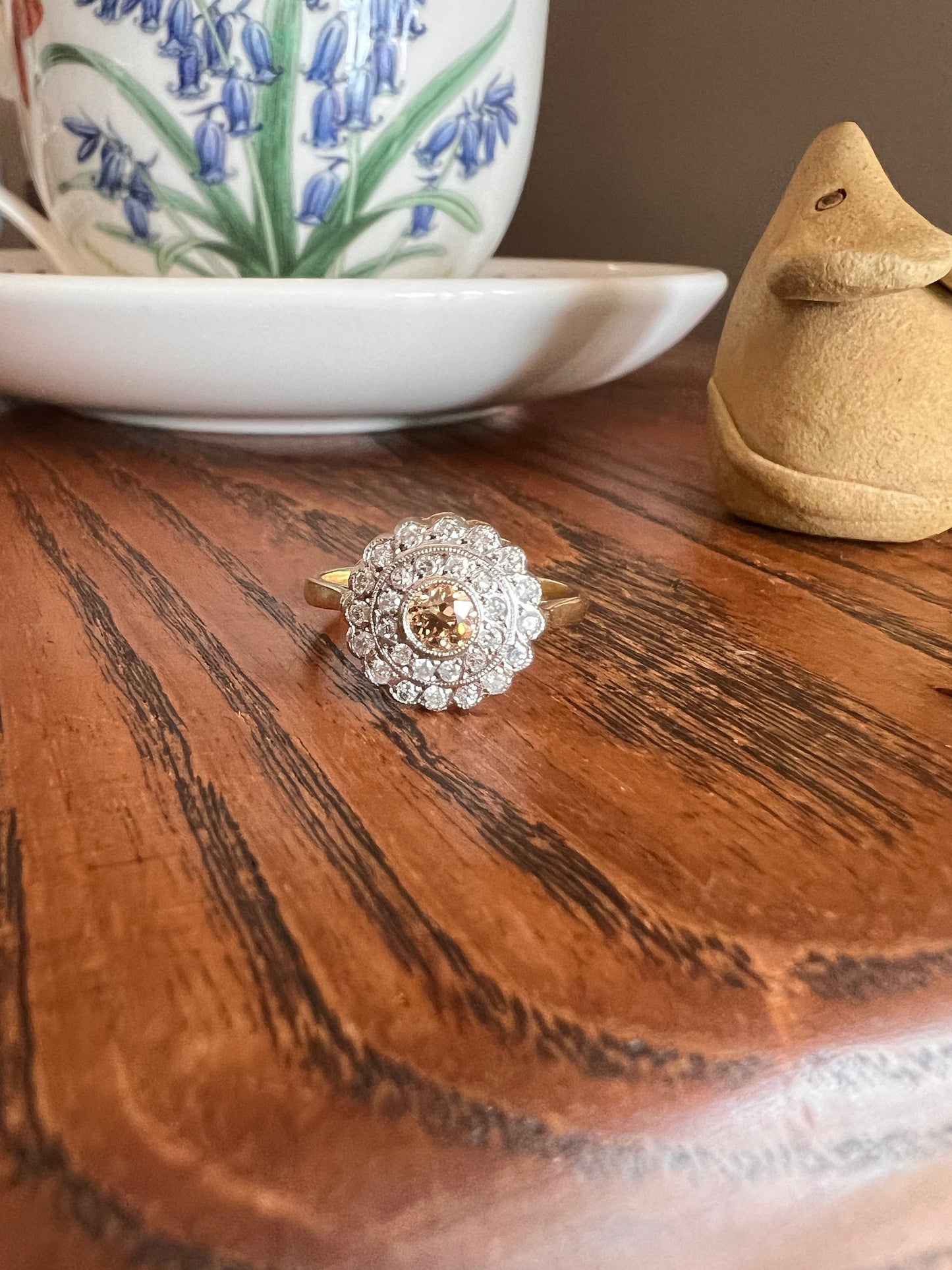 Peachy Fancy Brown Old Mine Cut DIAMOND White Double Halo Ring 18k Gold Champagne Peach Two Tone Alternative Engagement Romantic Gift OMC