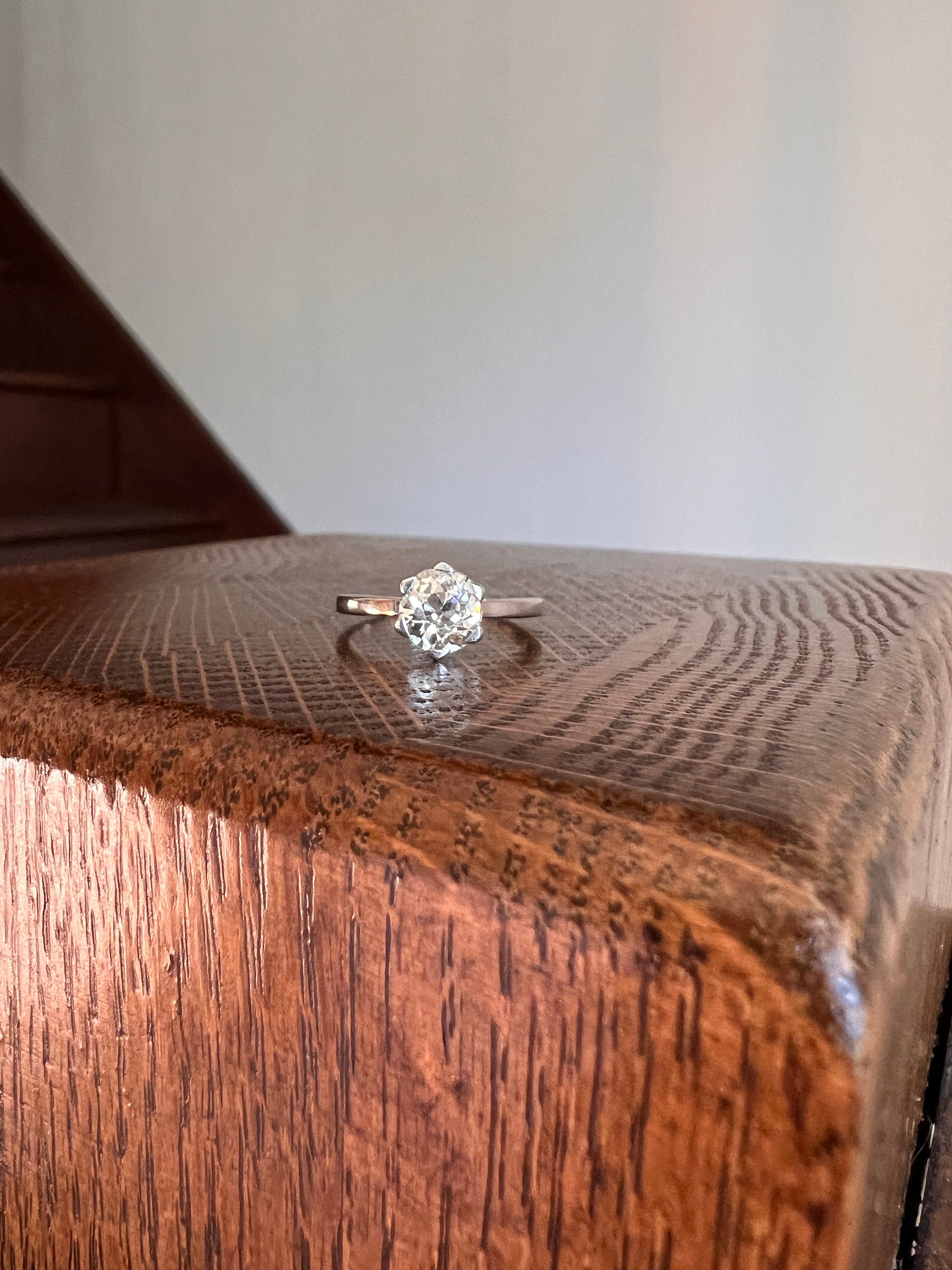 Antique 1 CARAT Old Mine Cut DIAMOND Solitaire Engagement Ring 18k White Gold PLATINUM French Art Deco Warm Very Pale Yellow Tall Stacker