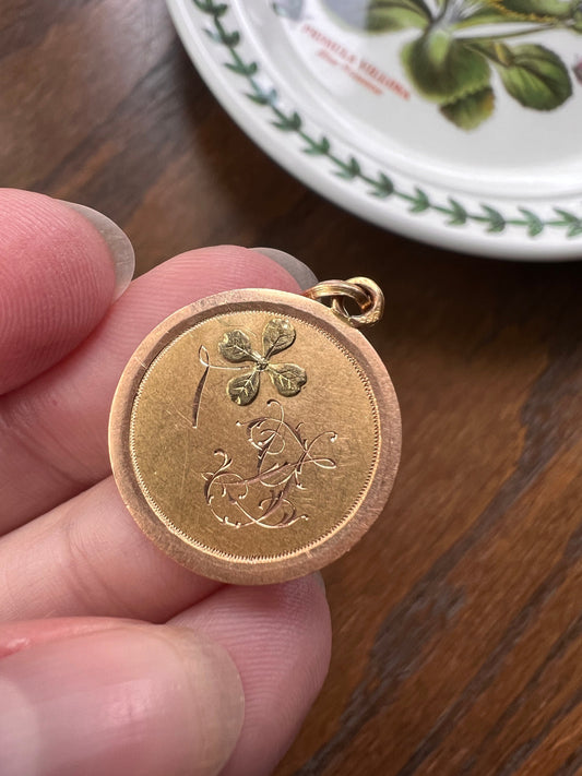 CLOVER French Engraved Lucky Love Medal Victorian Antique 18k Gold PENDANT Belle Epoque Minimalist Neckmess Necklace Charm Romantic Gift