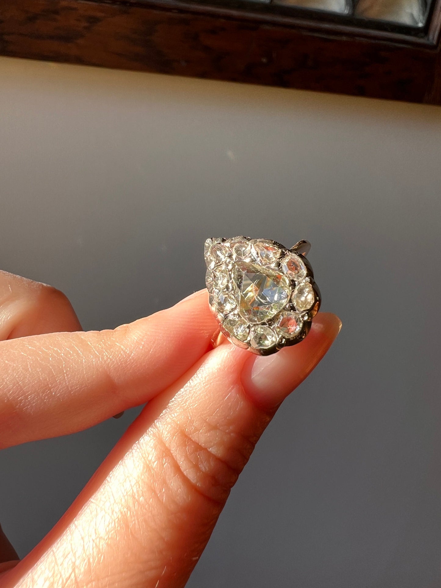 Large PEAR French Antique Georgian Victorian 1.5Ctw + Rose Cut DIAMOND Cluster Ring Halo 18k Gold Silver Stacker Romantic Gift XL Bauble ook