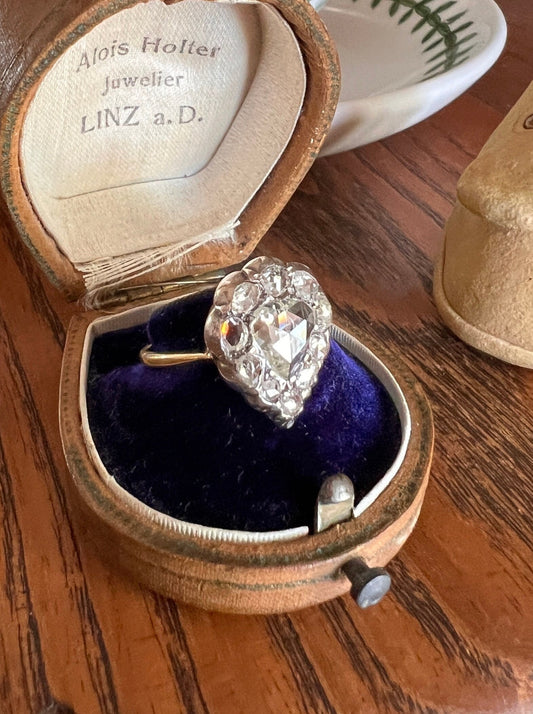 Large PEAR French Antique Georgian Victorian 1.5Ctw + Rose Cut DIAMOND Cluster Ring Halo 18k Gold Silver Stacker Romantic Gift XL Bauble ook