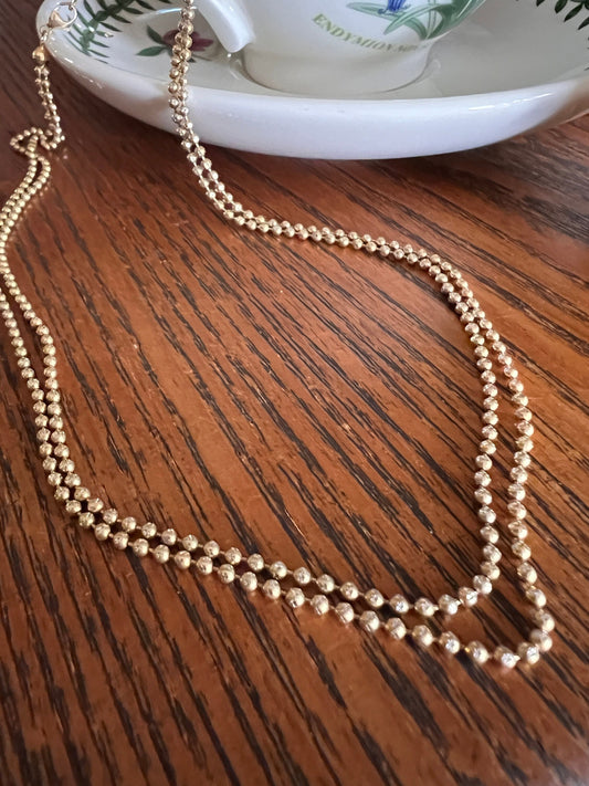 French Vintage Mini Bead 18k Gold Starburst Faceted Pearls 17 1/2" Double Strand Chain Necklace Solid Ball Rivet 14.2g Two Tone Shimmer Glow