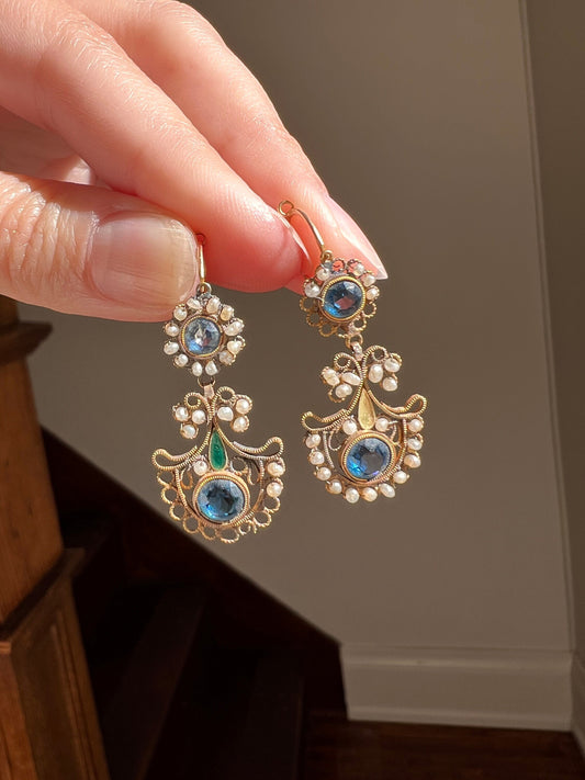 PEACOCK Rare 200 Year Old FRENCH Day to Night Dangle Dormeuse Earrings 18k Gold Blue Paste Pearls Vintage Georgian Napoleon Bonaparte Gift
