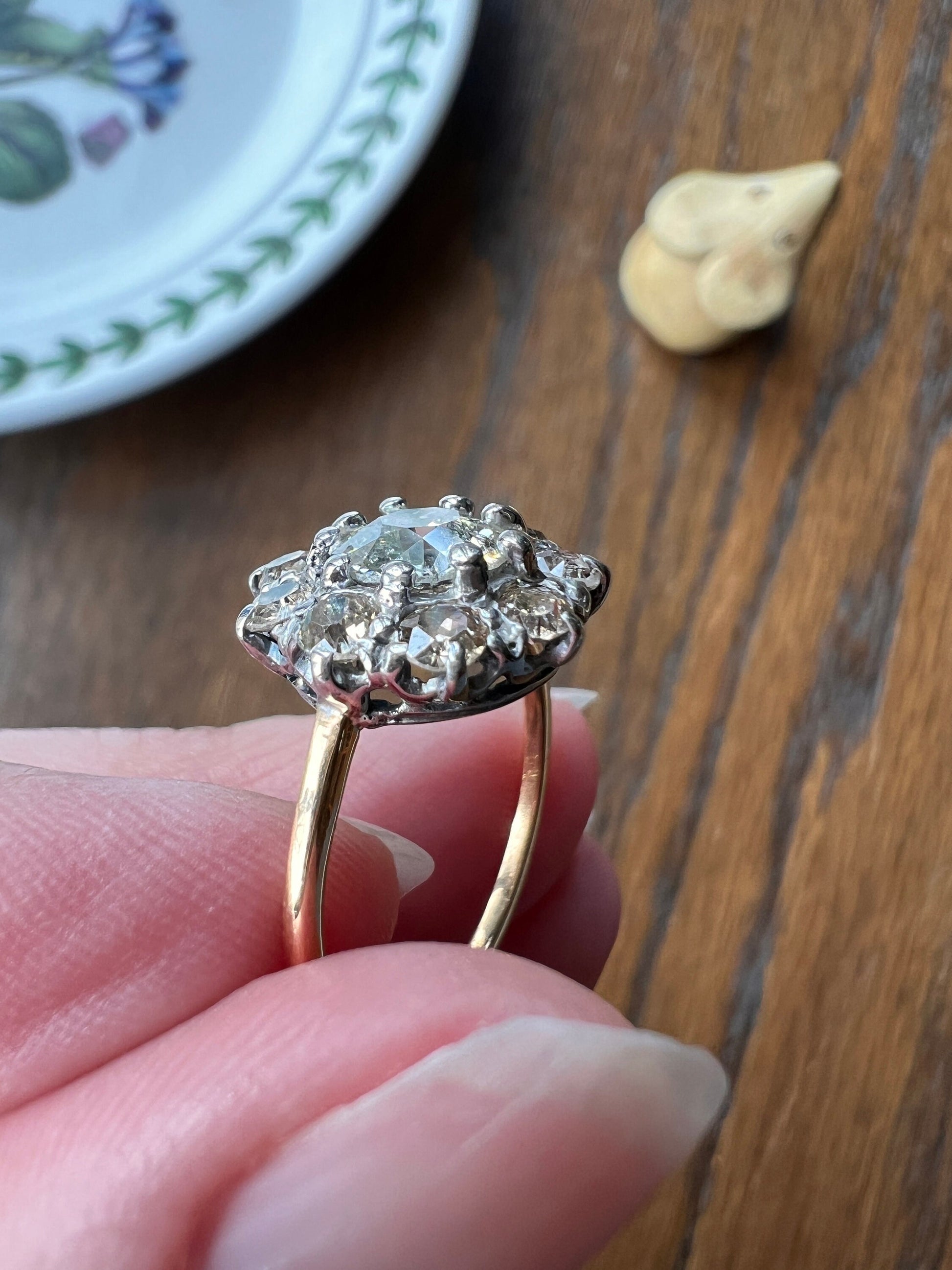 Antique Daisy CLUSTER Ring 1.5 CARAT Old Mine Cut DIAMOND Champagne Light Brown 18k Gold Antique Chunky Stacker Victorian Edwardian Gift OmC